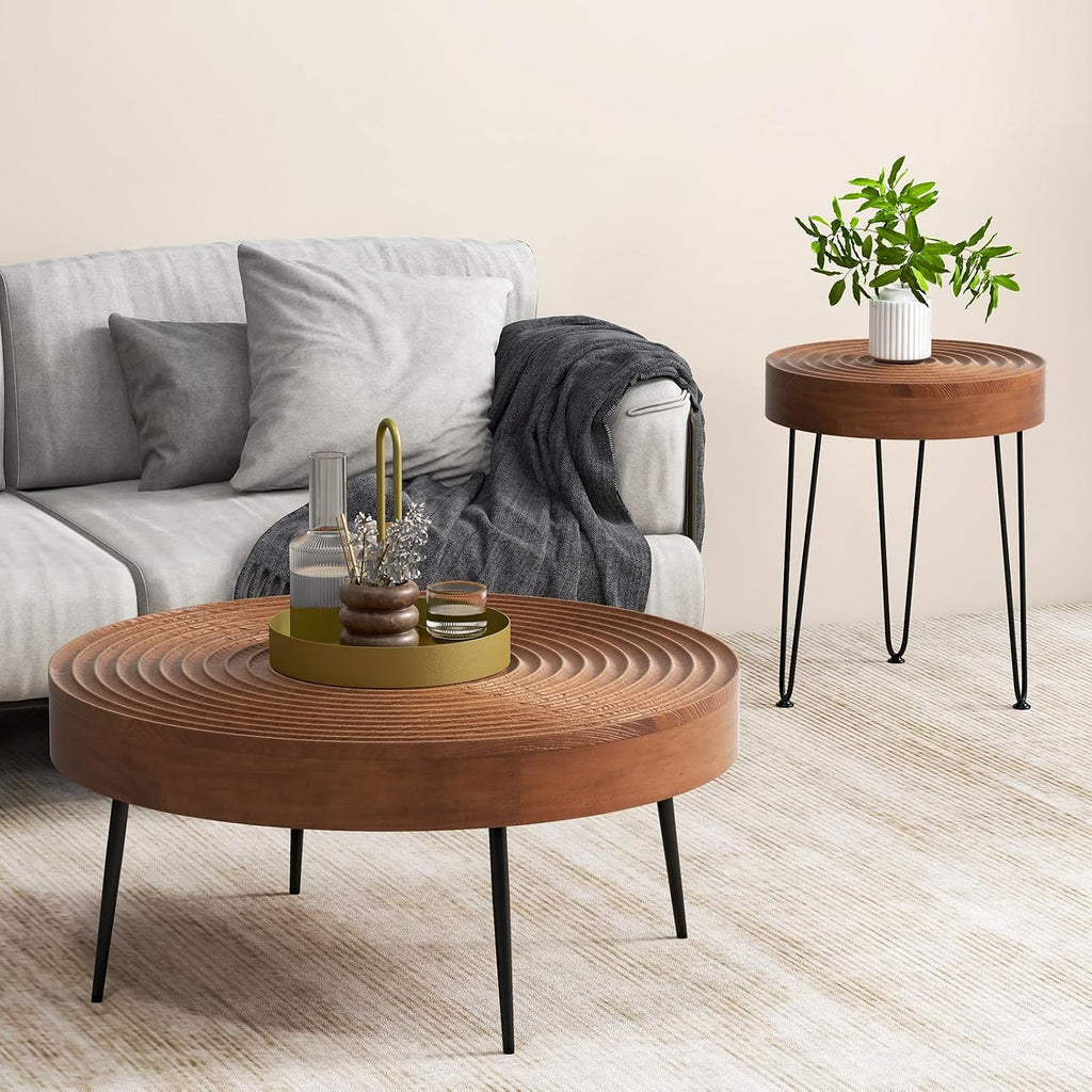 Giantex Boho Round Coffee Table Set of 2, Sofa Side Nesting Table with Solid Pine Wood Top, Metal Legs & Adjustable Foot Pads, 31.5' D Large Table Set for Living Room (Ring Pattern, Brown)
