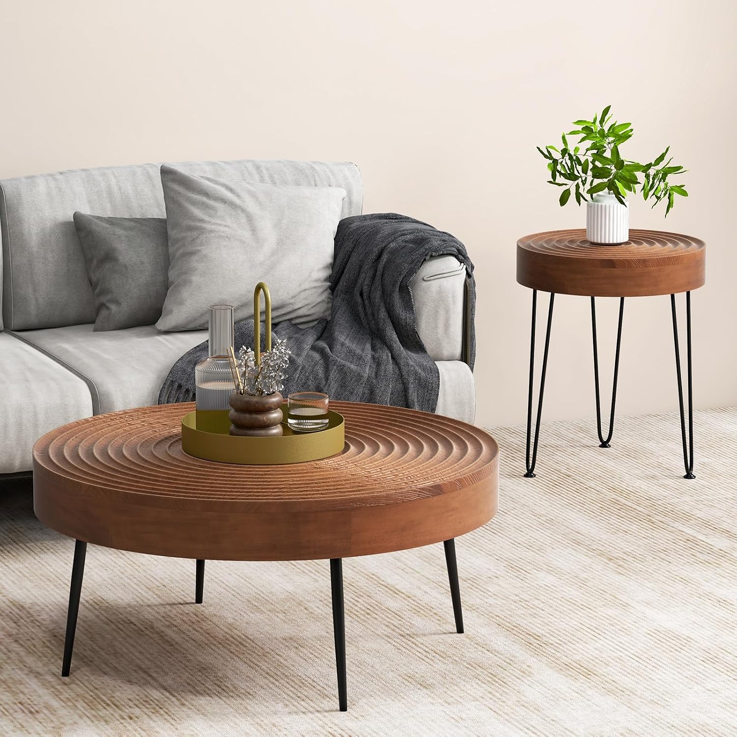 Giantex Boho Round Coffee Table Set of 2, Sofa Side Nesting Table with Solid Pine Wood Top, Metal Legs & Adjustable Foot Pads, 31.5' D Large Table Set for Living Room (Ring Pattern, Brown)