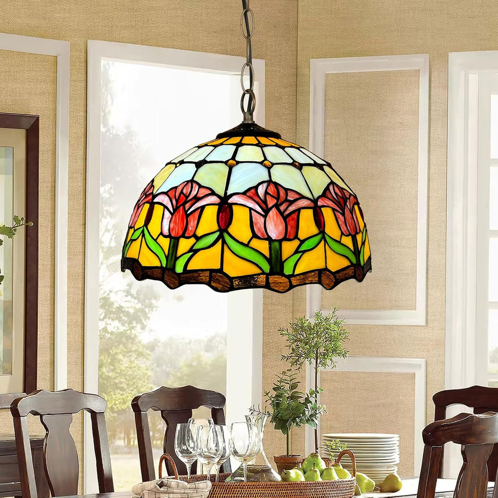 Red Tulip Tiffany Lamp Shade Replacement, Only 16X9 Inch Stained Glass Lampshades, Suitable for Table Lamp Floor Lamp Hanging Pendant lamp Ceiling Light Desk Lamp Bedside Reading Lamp