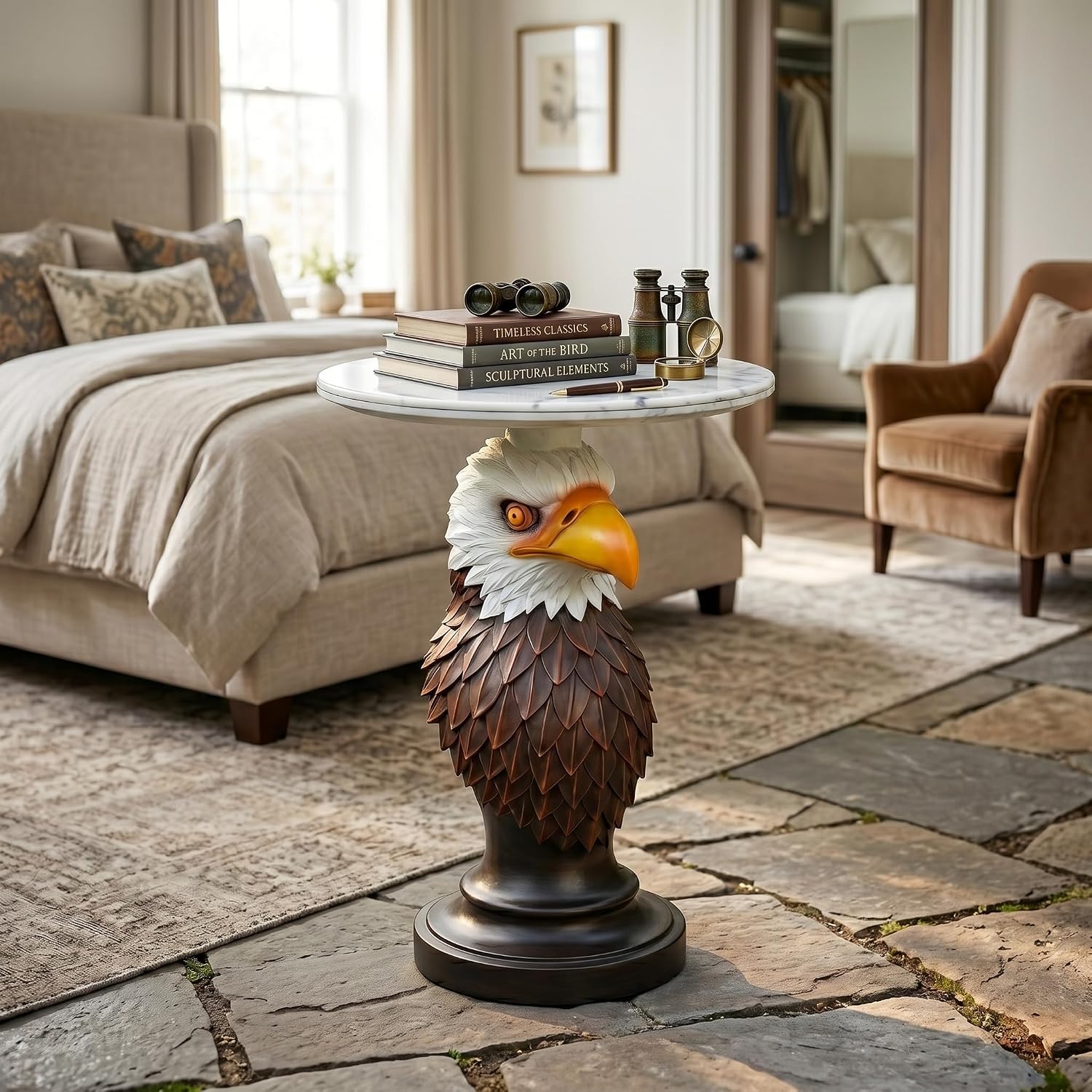 Bald Eagle Sculptural Side Table with Faux Marble Top, 17.72' Round Resin Animal End Table, Unique Eagle Statue Decor for Living Room, Office & Patio, Patriotic Housewarming Gift