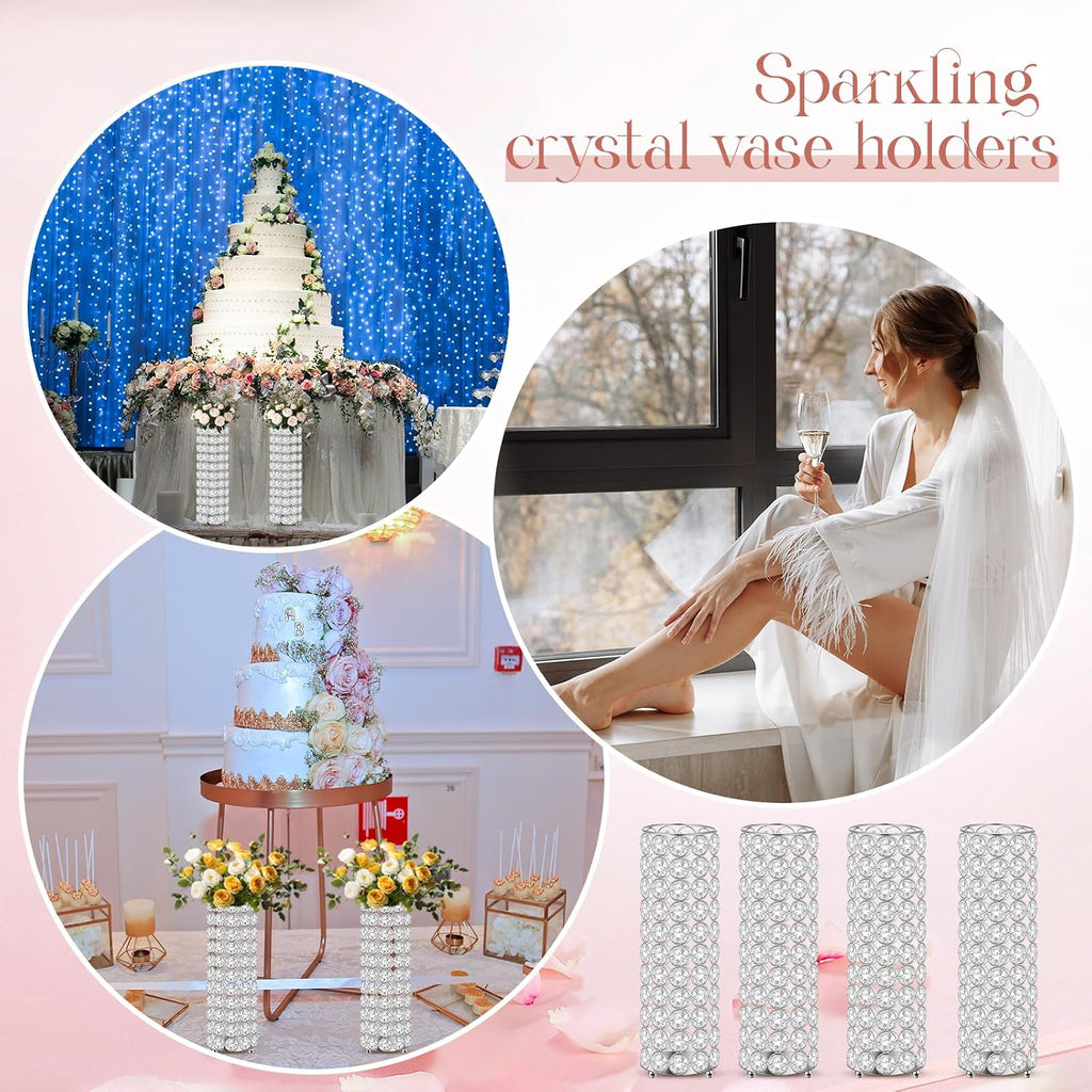 Dandat 16 Pcs Crystal Flower Vase and Pillar Candle Holder Set 10.24 Inch Wedding Cylinder Flower Vases Stand Table Centerpieces Candle Holders for Table Room Home Wedding Party Events Decor(Silver)