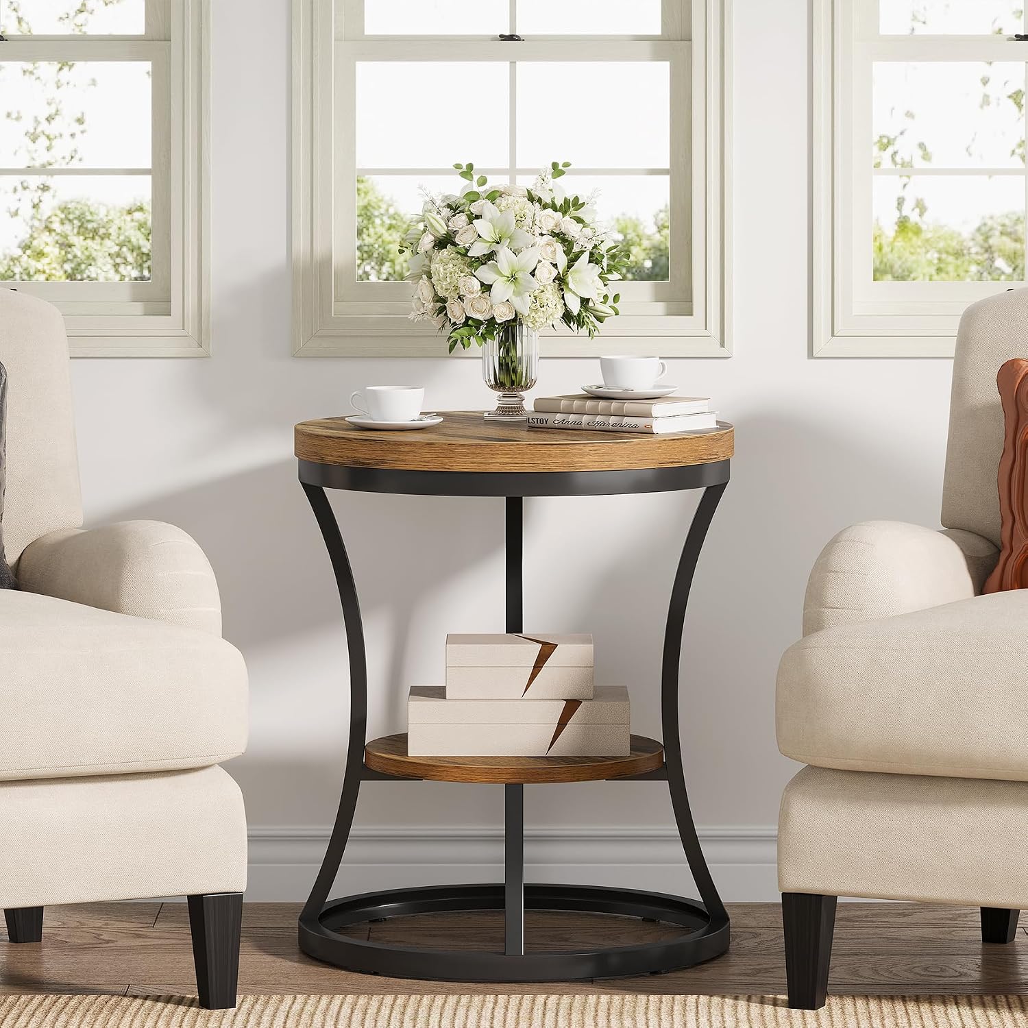 Round End Table Set of 2, 2 Tier Industrial Side Table, Accent Bedside Table Nightstand with Metal Frame for Living Room, Bedroom, Small Spaces, Easy Assembly, Rustic Brown & Black