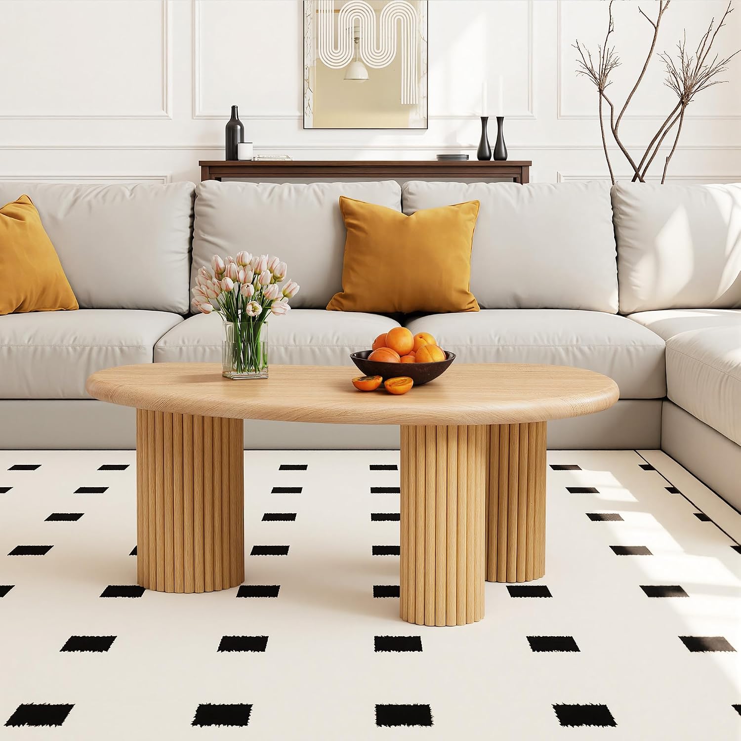 Fluted Coffee Table, 39'' Farmhouse Coffee Tables for Living Room, Low Wood Accent Center Table Small Tea Table with Sturdy Base & Rounded Corners for Small Space Home Office (Natural)