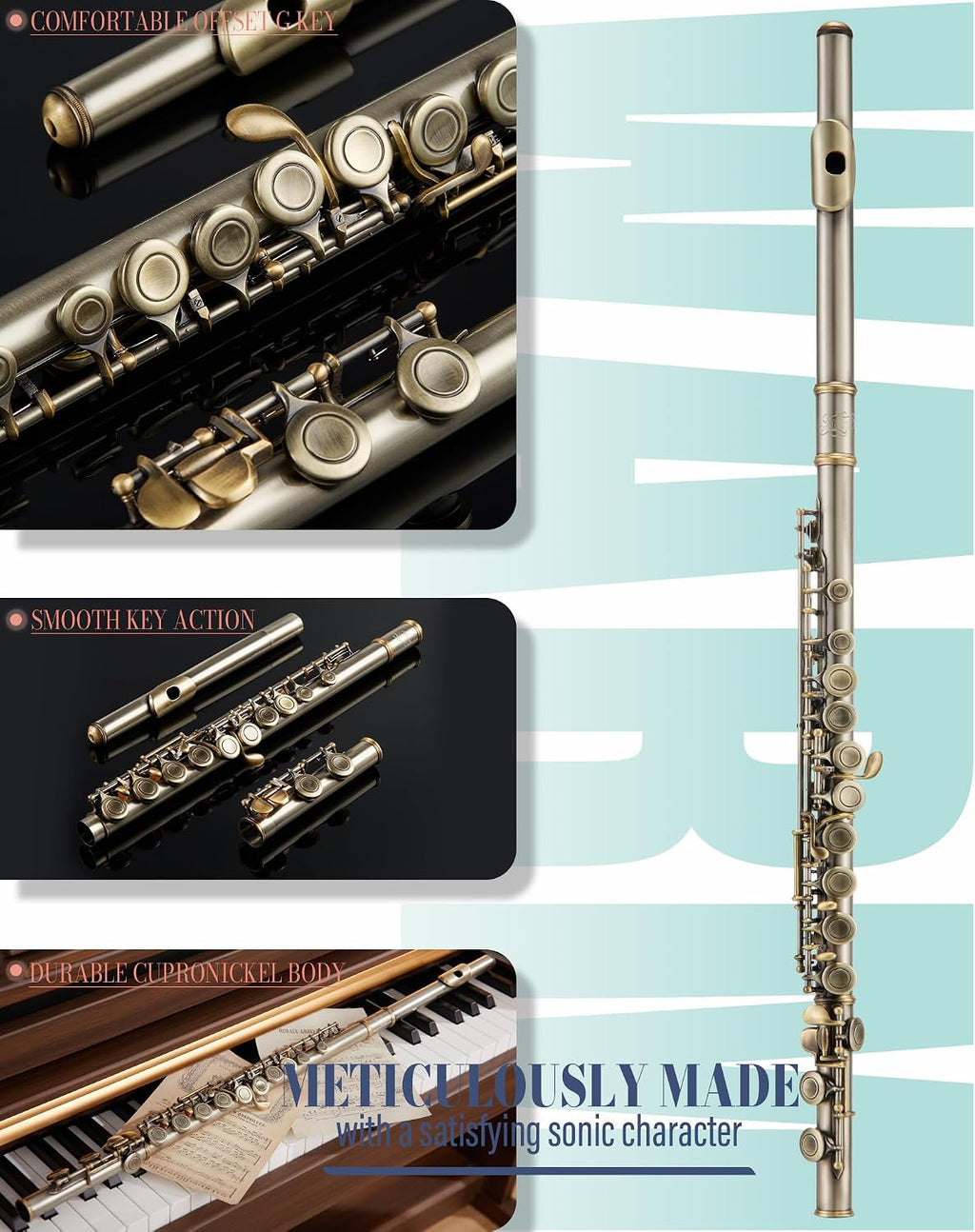 AKLOT Closed-Hole Concert C Flute: Flute Instrument with 16 Keys, Offset G, Smooth Cupronickel Keys, Air-Tight Pads, Include Stylish Leather Hard Case, Cleaning Kit, Stand, Gloves (LUM-AR)