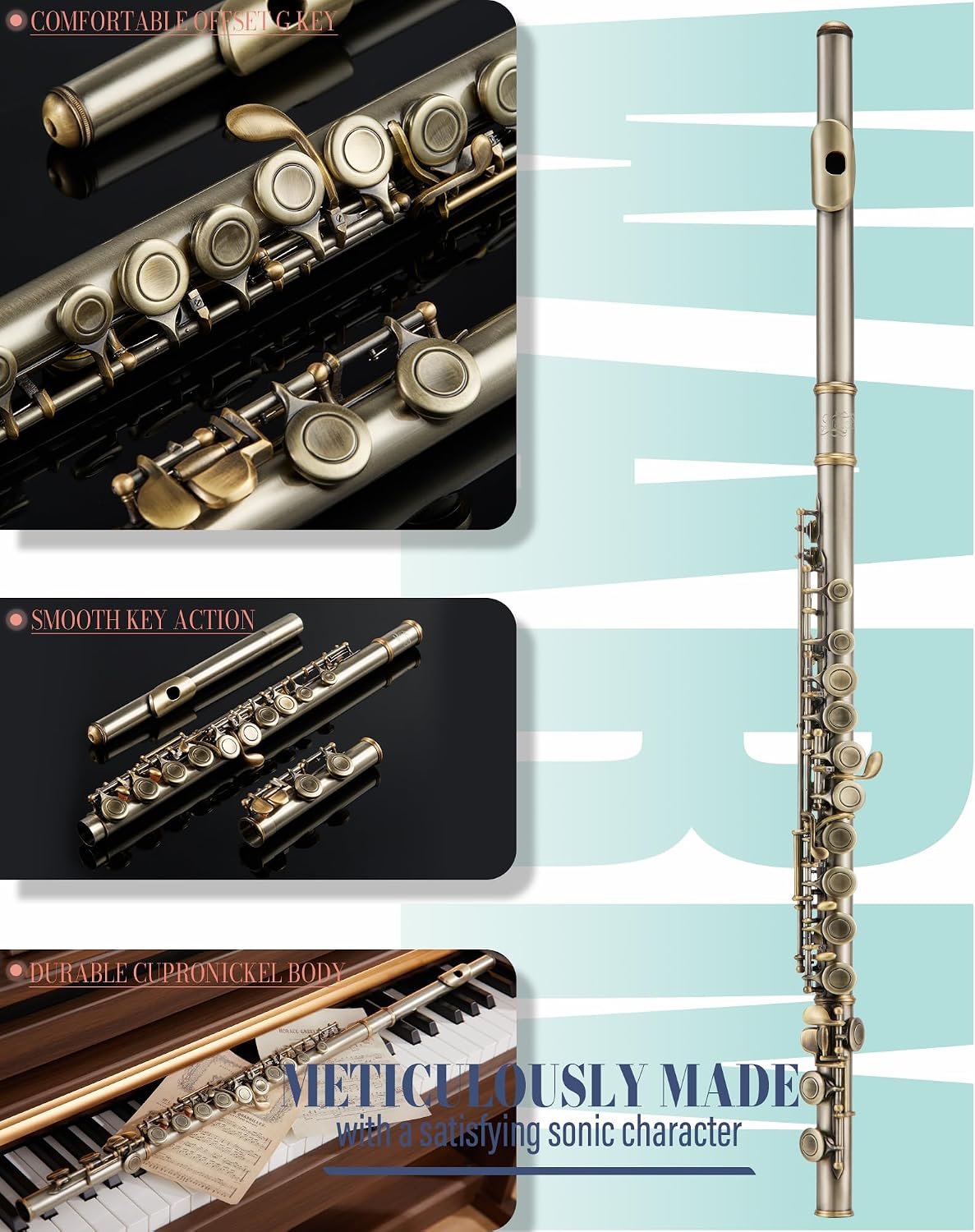 AKLOT Closed-Hole Concert C Flute: Flute Instrument with 16 Keys, Offset G, Smooth Cupronickel Keys, Air-Tight Pads, Include Stylish Leather Hard Case, Cleaning Kit, Stand, Gloves (LUM-AR)