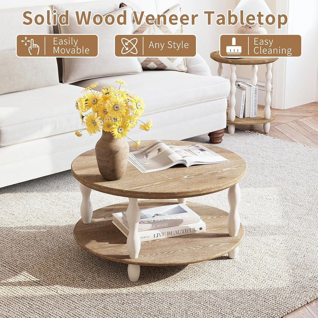 karlott Farmhouse Coffee Table, 30.3' Round Coffee Tables for Living Room, Solid Wood Veneer 2-Tier Center Table with Storage Shelf, Pine Leg, Boho Rustic, Easy Assembly, Cream Beige