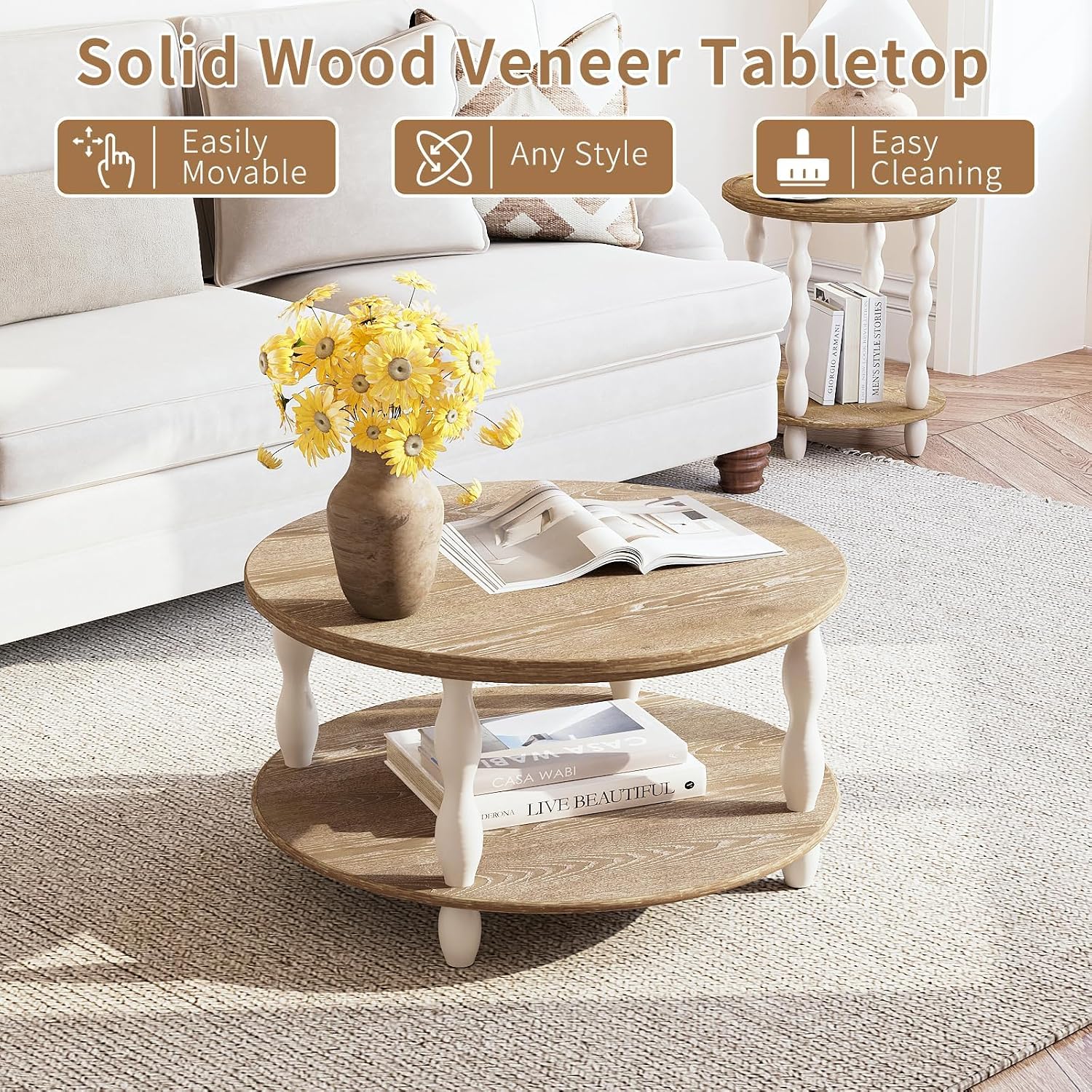 karlott Farmhouse Coffee Table, 30.3' Round Coffee Tables for Living Room, Solid Wood Veneer 2-Tier Center Table with Storage Shelf, Pine Leg, Boho Rustic, Easy Assembly, Cream Beige