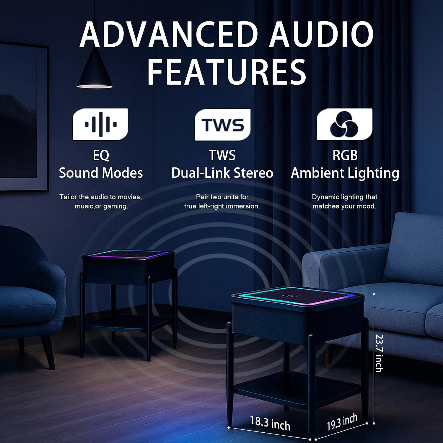 LED Smart Nightstand with Bluetooth Speaker & Wireless Charging, Modern End Table with RGB Lights, Tempered Glass Touch Panel, USB/Type-C/AUX Ports, Easy Assembly, 65W HiFi Sound System, Black