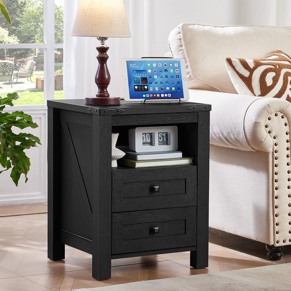 Joaxswe Night Stands with Charging Station Set of 2, Farmhouse Nightstand, Wooden Bedside End Tables with 2 Drawers and Open Shelf, Bed Side Table for Bedroom, Living Room, Closet, Office (Black)