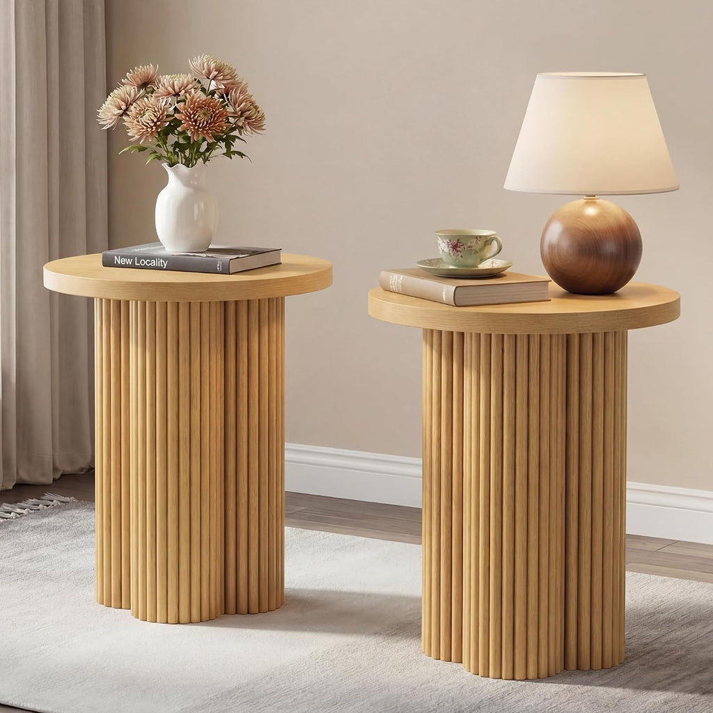 Small Sofa Side Table Set of 2, Fluted Accent Pedestal End Table, Wood Round Night Stand, Farmhouse Bed Side Table Drink Tables for Living Room, Small Spaces (Natural-2PCS)