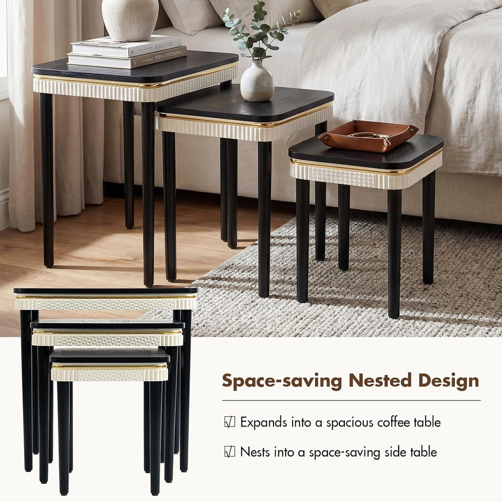 Hyfirm Black Side Table End Table Nesting Tables Set of 3, Retro Nesting Tables with Veneered Top & Gold Trim, Mid Century Modern Nesting Wood Coffee Tables for Living Room/Bedroom/Apartment