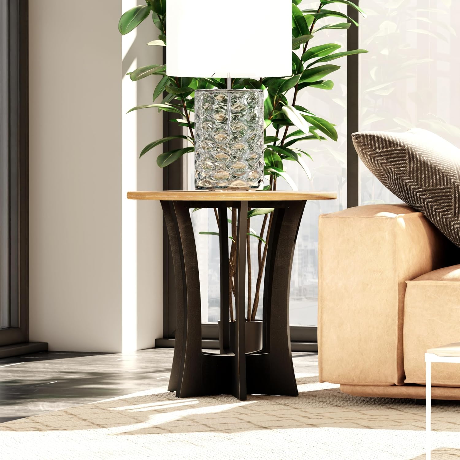 COZAYH Farmhouse Round End Table X 2P with Criss-Cross Wood Legs, Rustic French Country Side Table for Dinning or Living Room, Modern, Black, Natural Wood Color