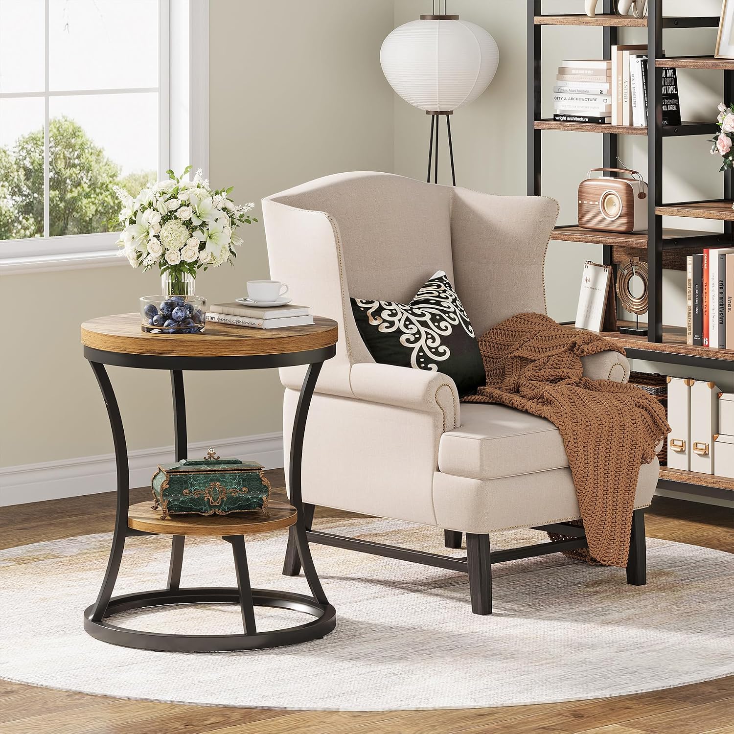 Round End Table Set of 2, 2 Tier Industrial Side Table, Accent Bedside Table Nightstand with Metal Frame for Living Room, Bedroom, Small Spaces, Easy Assembly, Rustic Brown & Black
