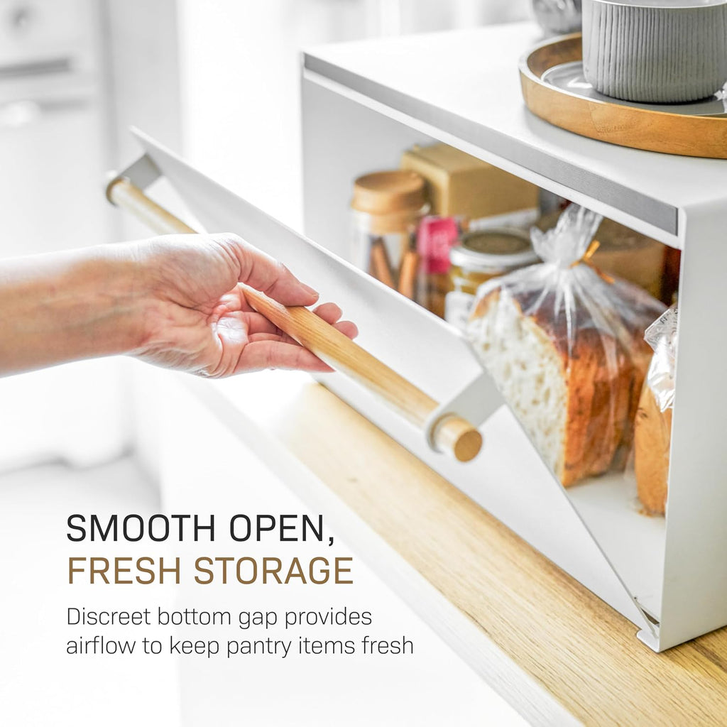 YAMAZAKI Home Modern Bread Box – Steel + Wood Countertop Bread Storage Container, Large White Bread Box for Kitchen Countertop, Space-Saving Bread Keeper, Easy Access Lid