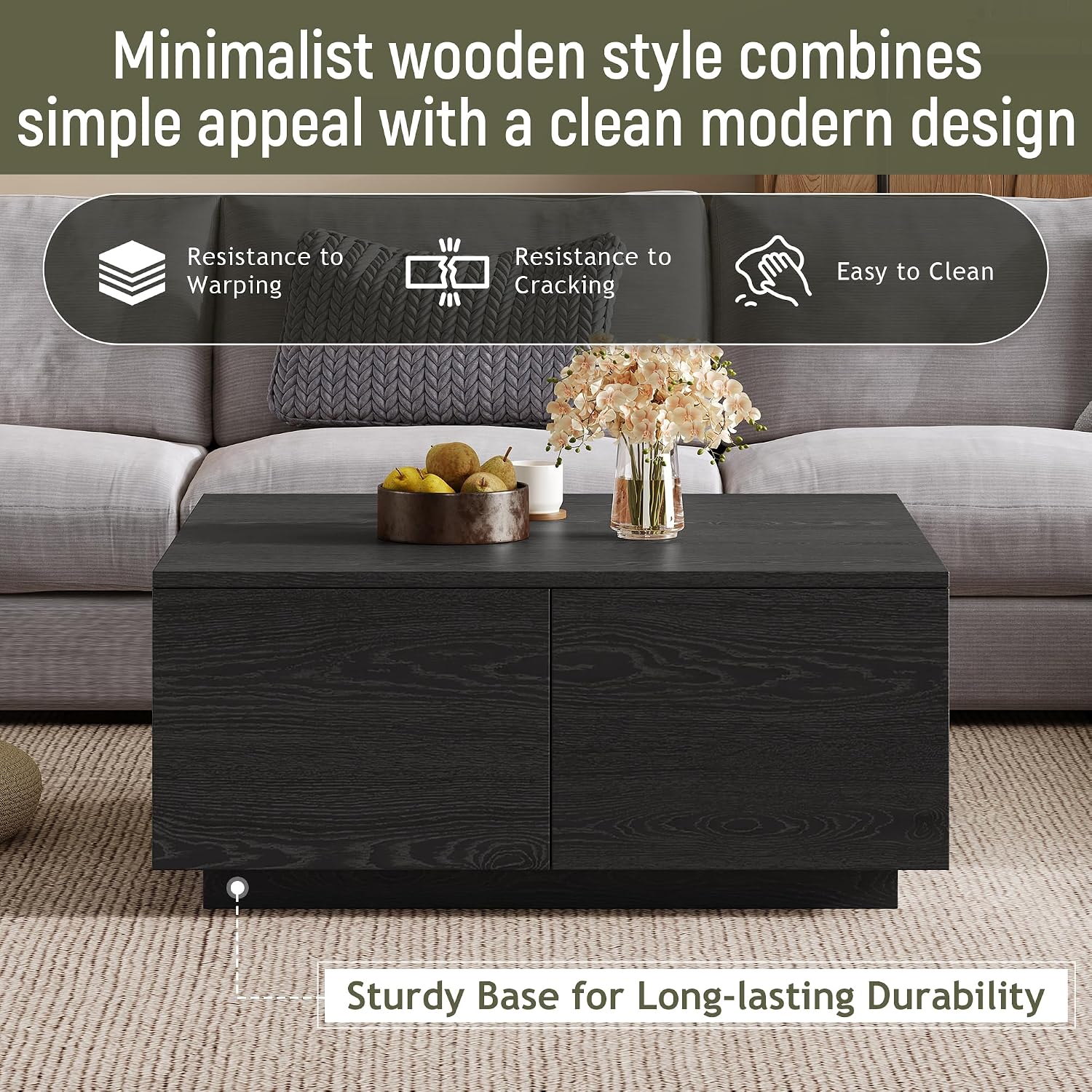 Merax Modern Black Square Coffee Table with 4 Hidden Storage Drawers, 33.25' Minimalist Wood Center Tables for Living Room, Easy Assembly