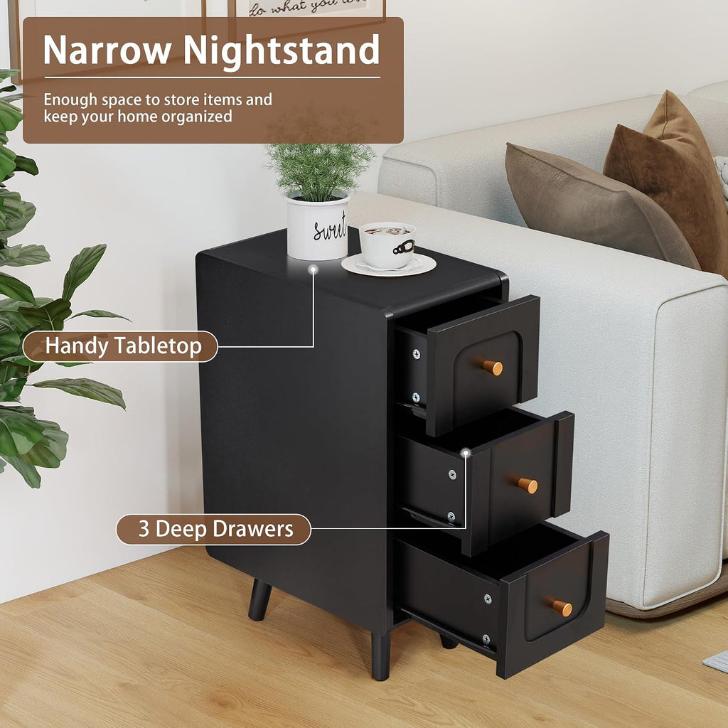 Small Nightstand Set of 2, Narrow Nightstand Slim Couch Side Table with Drawers, Wood End Tables with Storage for Living Room, Bedroom, Small Spaces (3Drawers-Black-2PCS)