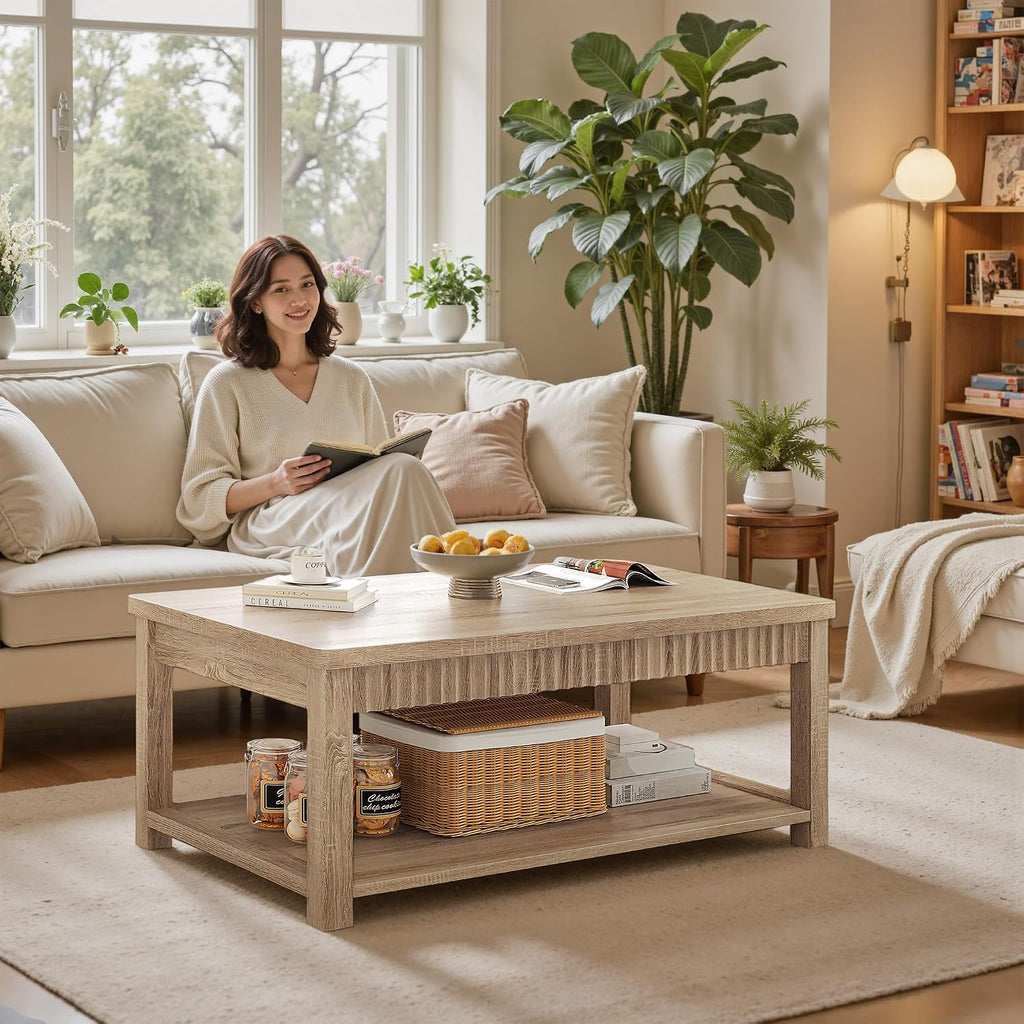 Homkdom Coffee Table, 39 Inch Modern Coffee Tables for Living Room with 2-Tier Storage & Wave-Edge, Oak Center Table for Bedroom/Office