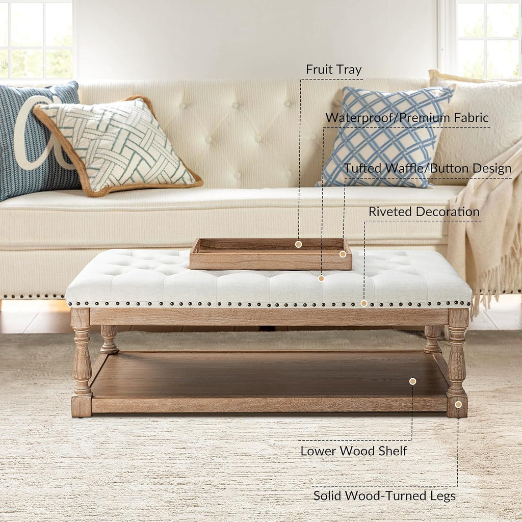HULALA HOME Rectangle Ottoman Coffee Table with Tray, Tufted Living Room Ottoman with Solid Wood Storage Shelf, Ivory