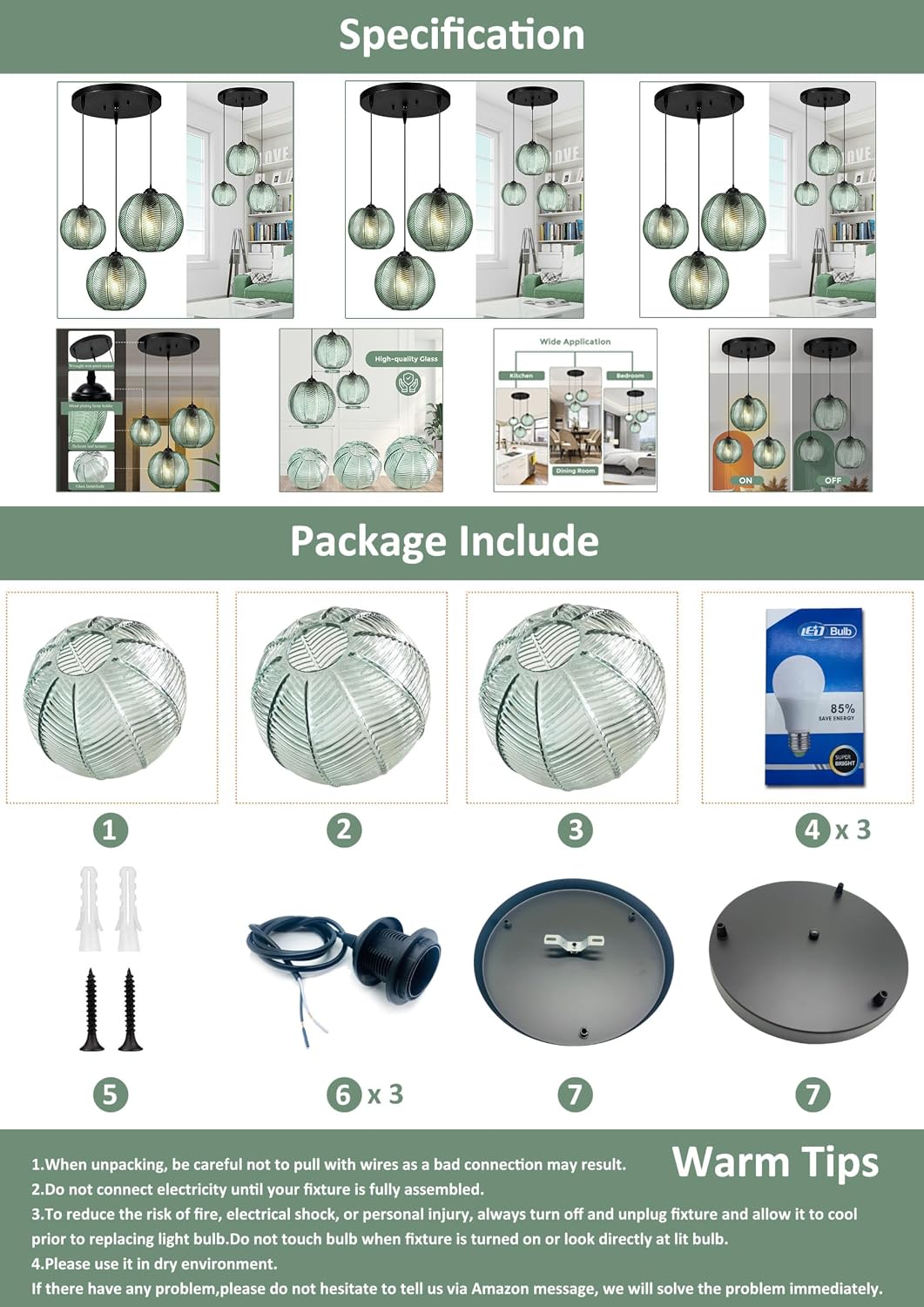 GXF 3 in 1 Green Cluster Pendant Light Fixtures, E26 E27 Large Glass Chandelier Mid Century Modern Chandelier Ribbed Blown Glass Globe Shade Hanging Light Ceiling Light for Living Room Restaurant Bar