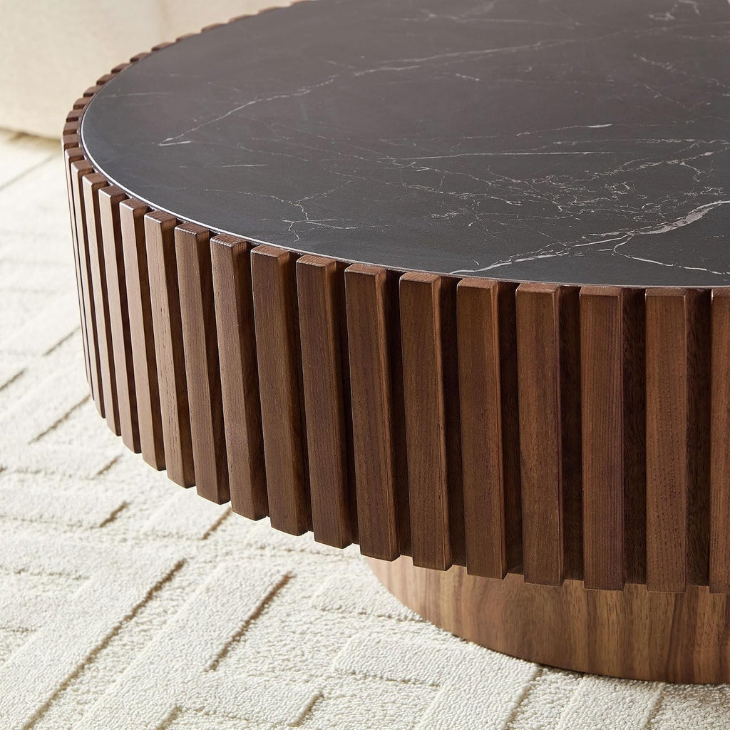35.43'' Round Coffee Table with Faux Marble Tabletop, Modern Drum Center Coffee Tables Luxury Circle Coffee Table for Bedroom,Apartment,Living Room-Walnut