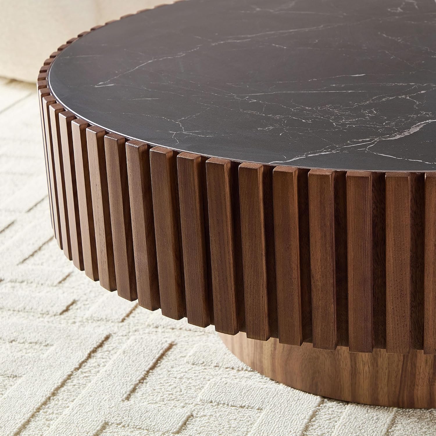 35.43'' Round Coffee Table with Faux Marble Tabletop, Modern Drum Center Coffee Tables Luxury Circle Coffee Table for Bedroom,Apartment,Living Room-Walnut