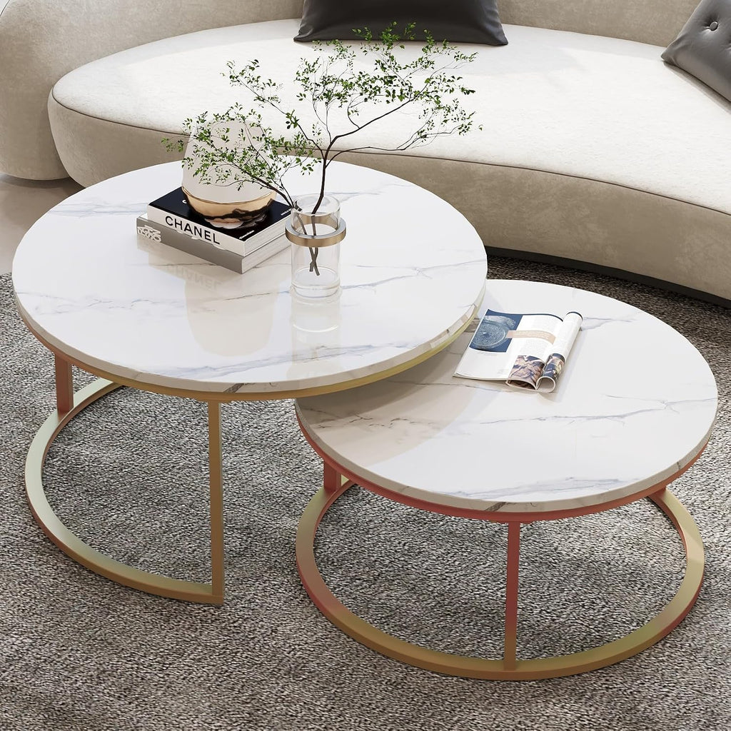 WiberWi Round Coffee Table Nesting Tables Set of 2, Large : Ø 34.0', Small : Ø 26.0', Modern Design Coffee Tables for Living Room, Gold Metal Frame Circle Cocktail Table, High Glossy Faux White Marble