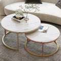 WiberWi Round Coffee Table Nesting Tables Set of 2, Large : Ø 34.0', Small : Ø 26.0', Modern Design Coffee Tables for Living Room, Gold Metal Frame Circle Cocktail Table, High Glossy Faux White Marble