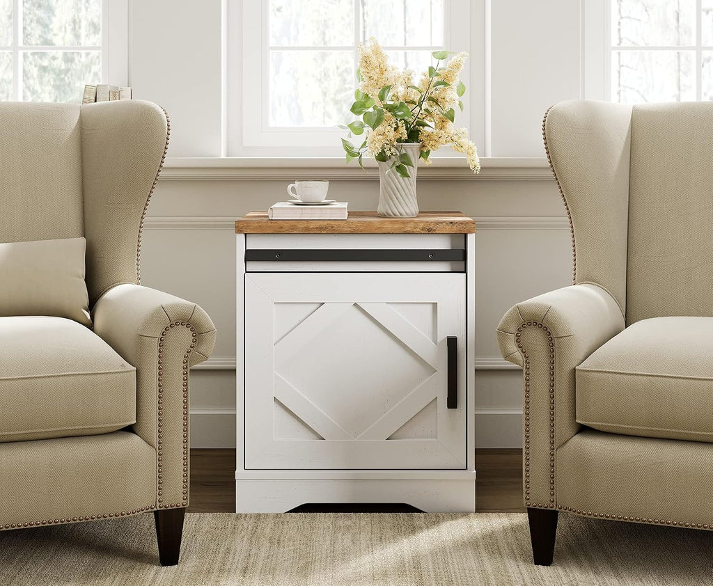 WAMPAT End Table, Pedestal Side Table with Drawer and Cabinet Wood Bedside Table Nightstands for Living Room Bedroom，Cream White