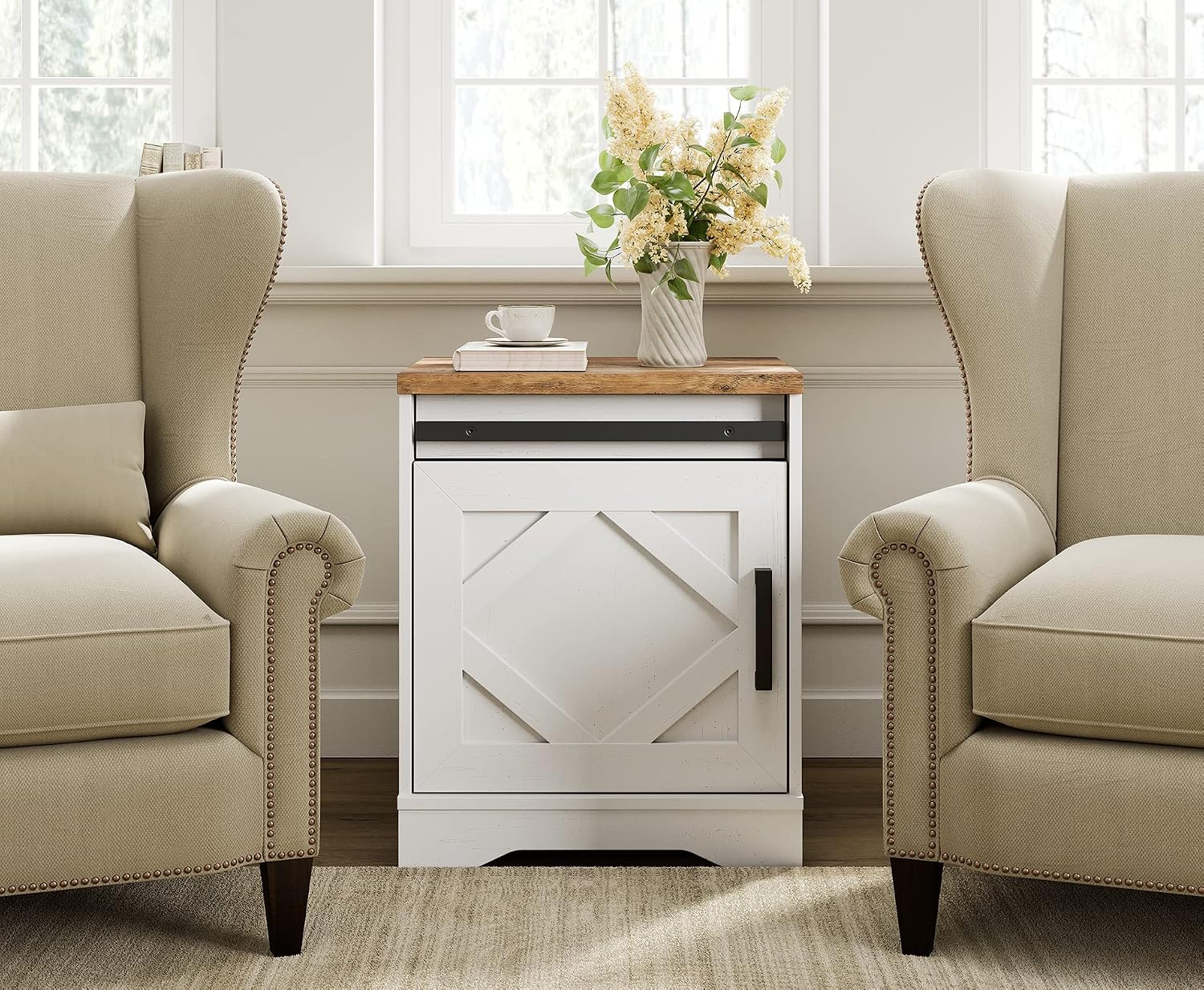 WAMPAT End Table, Pedestal Side Table with Drawer and Cabinet Wood Bedside Table Nightstands for Living Room Bedroom，Cream White
