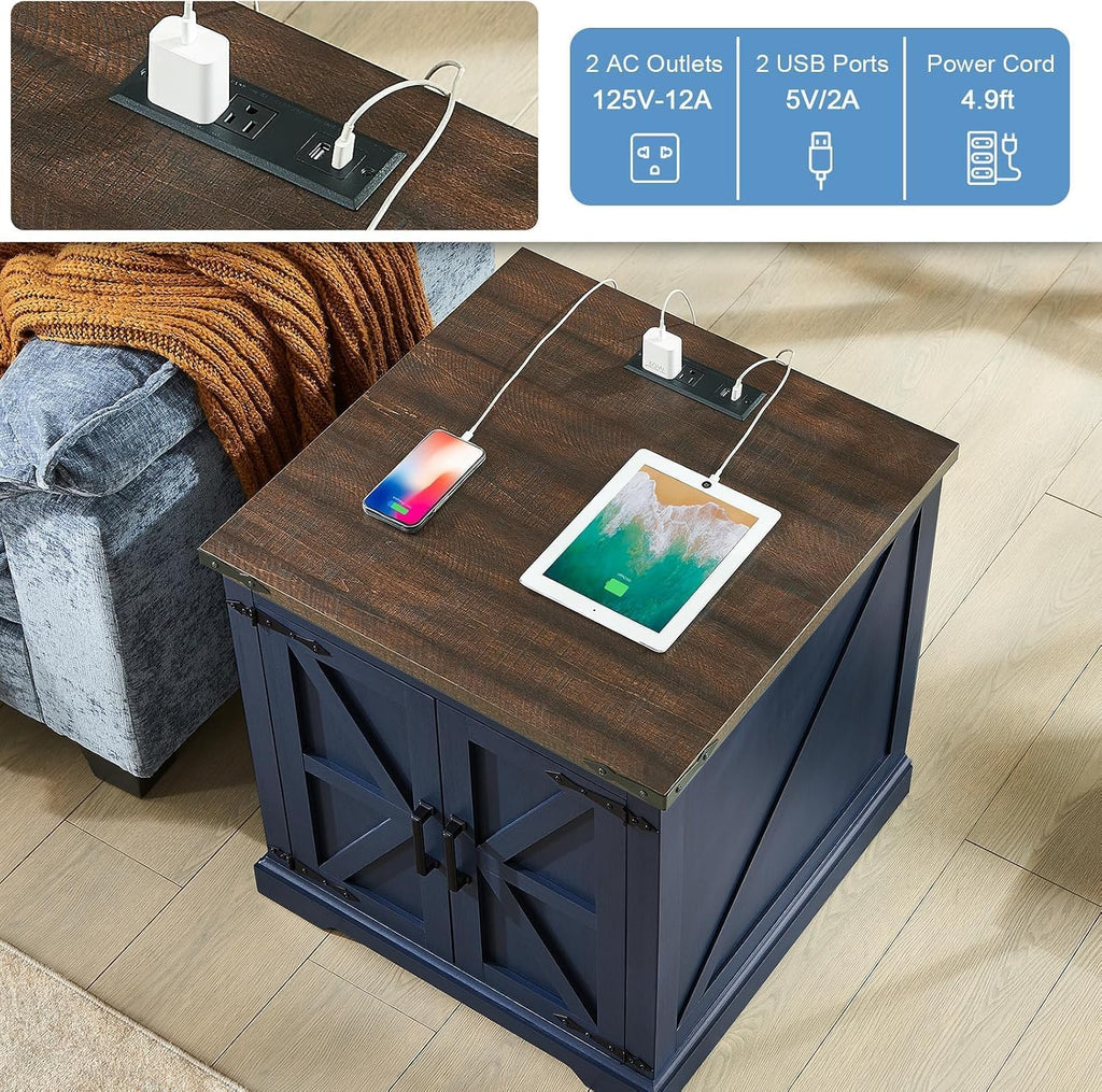 Barnyatoh Farmhouse End Table with Charging Station,24' Large Side Table with Barn Door, Rustic Wood Square Nightstand Bedside Table with Adjustable Storage Shelf for Living Room, Bedroom,Navy Blue