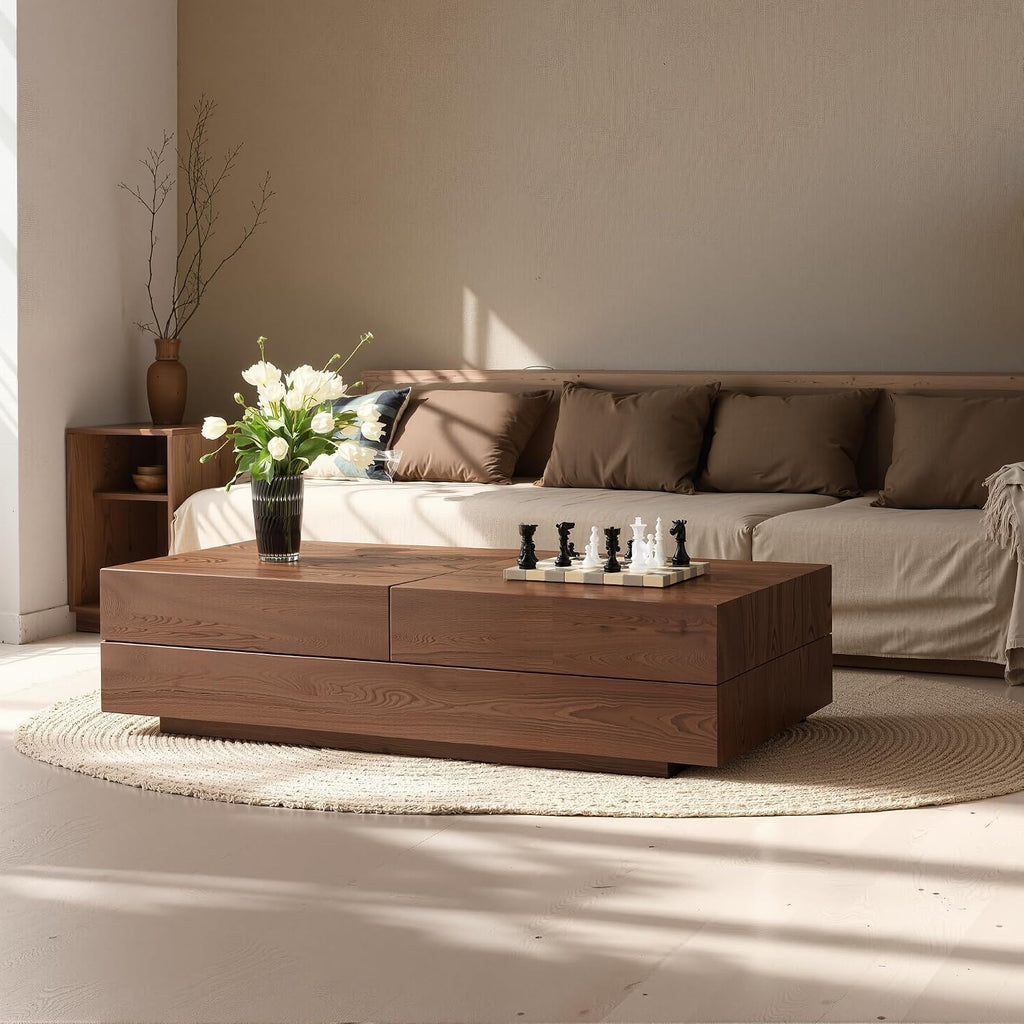 Mid-Century Modern Farmhouse 47.2-81.8' Expandable Coffee Table，Adjustable Center Table with Large Storage for Living Room, Walnut