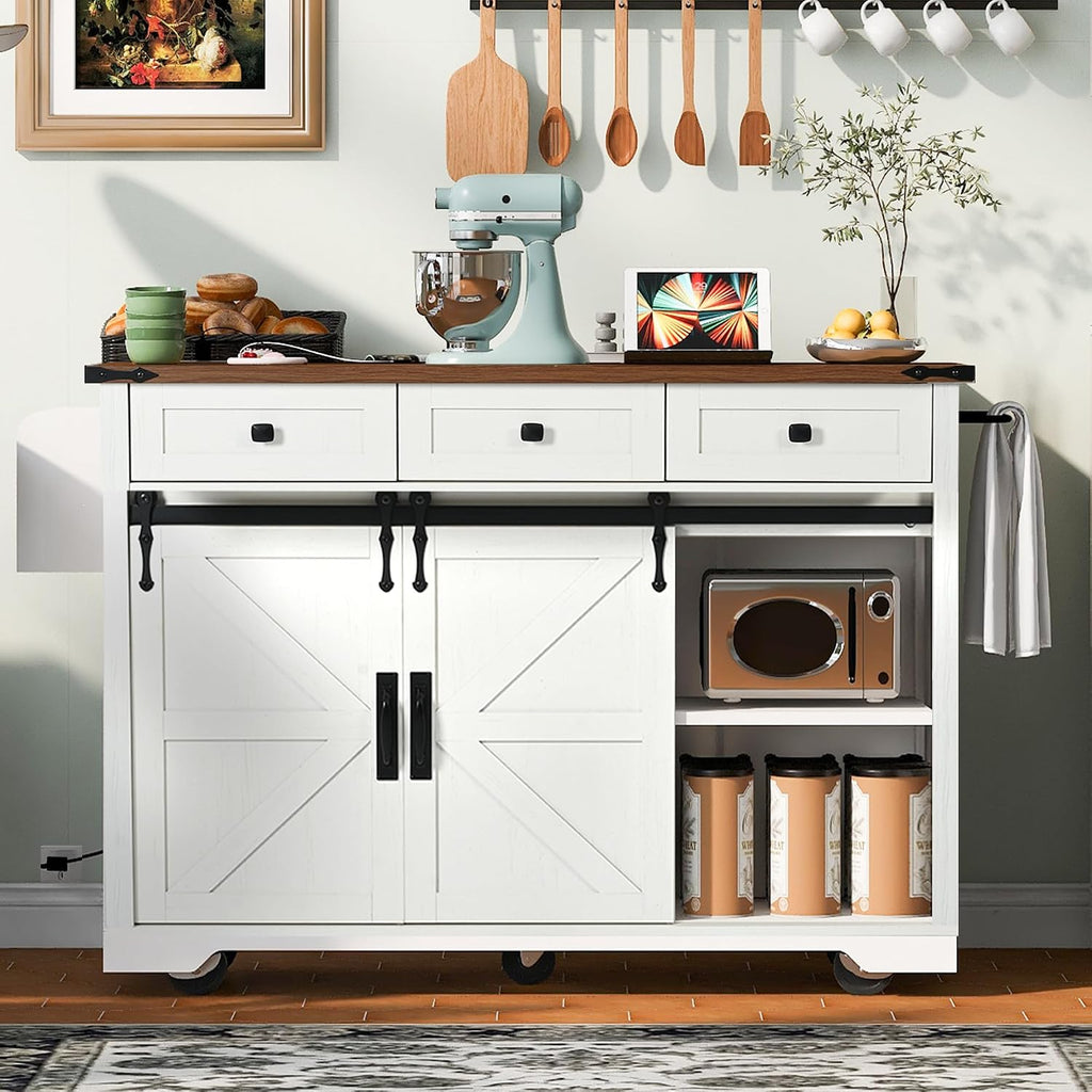 53.7' Farmhouse Kitchen Island With Power Outlet and Sliding Barn Doors, Rustic Storage Island With Drop Leaf, Rolling Cart With Drawers and Spice Rack for Dining Room