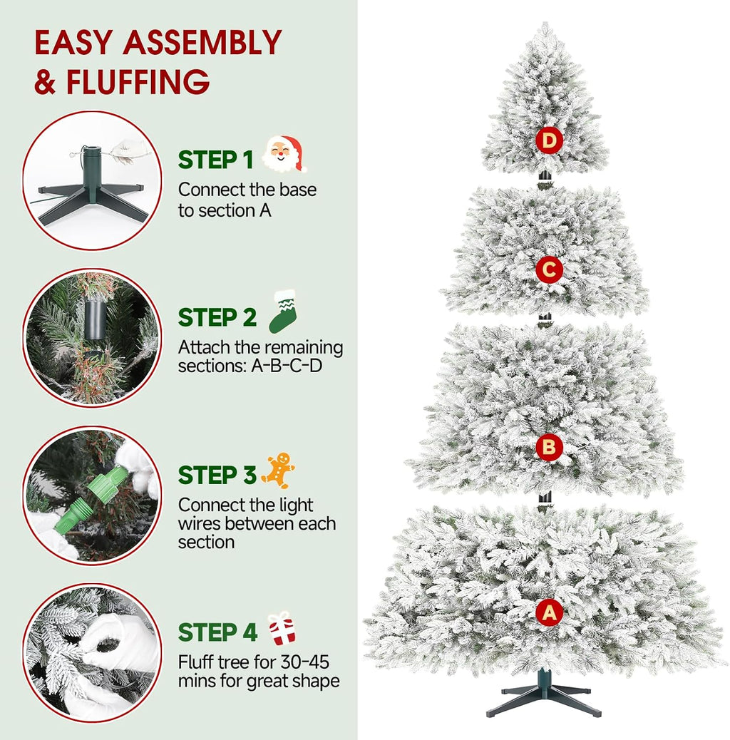 ASOMST Pre-lit Artificial Christmas Tree with Music Sync, Rotating & Foldable Stand, 9ft Snow Flocked Xmas Trees with Remote for Home Décor, 2512 Branch Tips, 600 RGB & Warm White Light