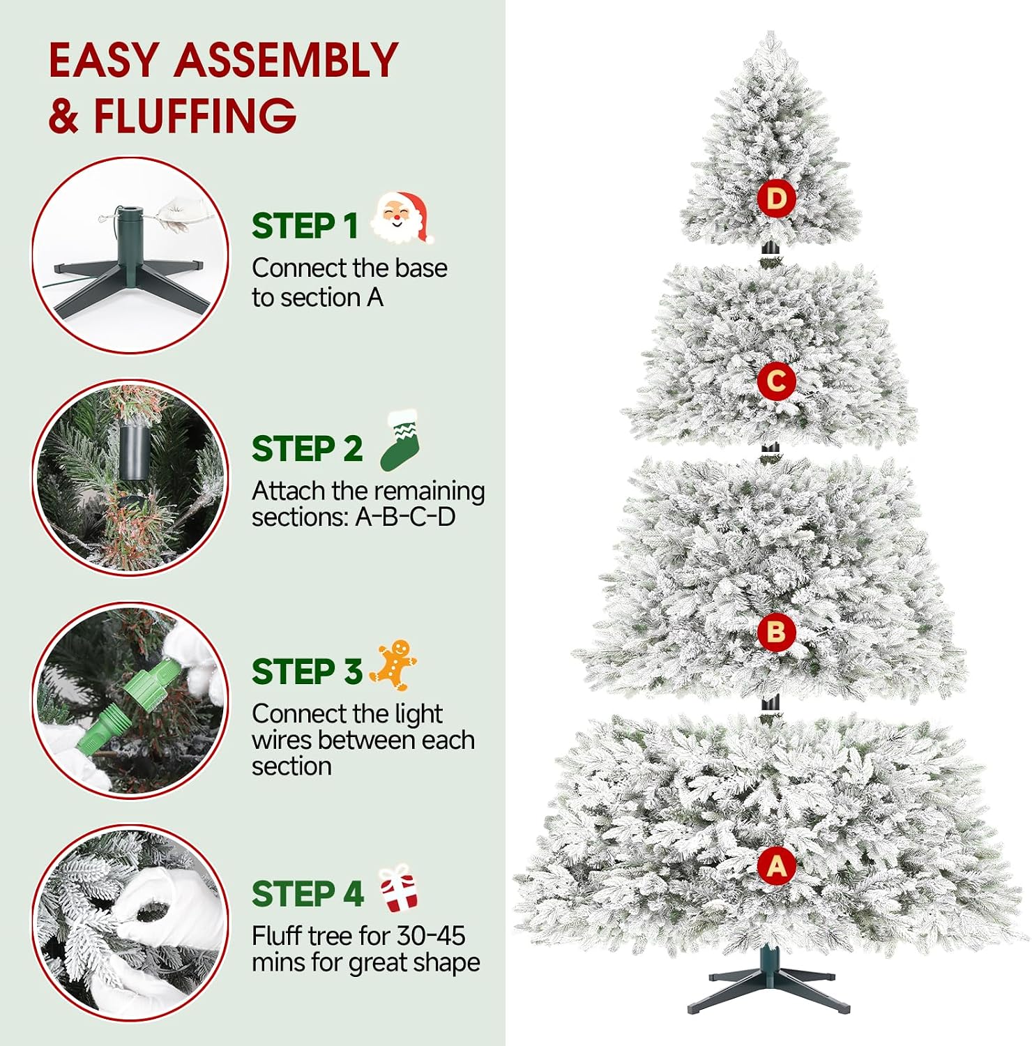 ASOMST Pre-lit Artificial Christmas Tree with Music Sync, Rotating & Foldable Stand, 9ft Snow Flocked Xmas Trees with Remote for Home Décor, 2512 Branch Tips, 600 RGB & Warm White Light