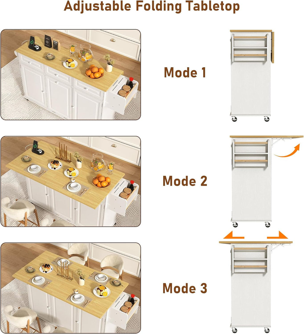St.Mandyu 62 inch Rolling Kitchen Island with Power Outlet, Drop Leaf & Storage Cabinet - Mobile Cart with Hidden Trash Cabinet, Spice Rack, Shelves, and Towel Holder for Small Spaces,White