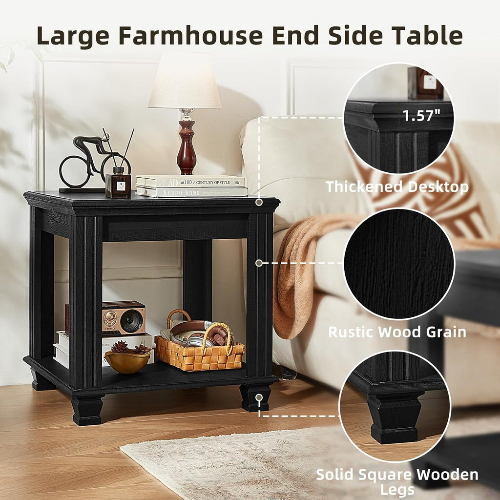 SAVOR LIFE Farmhouse End Table Set of 2,Large Side Table with 2-Tier Storage Shelf,Rustic Wood End Tables for Living Room,Square Tea Table, Black