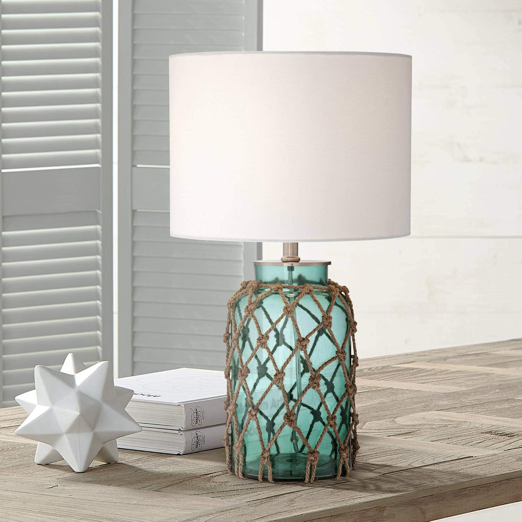 360 Lighting Crosby Cottage Accent Table Lamps 22.5' High Set of 2 Natural Coastal Blue Green Rope Net Off White Drum Shade Decor for Living Room Bedroom House Bedside Nightstand