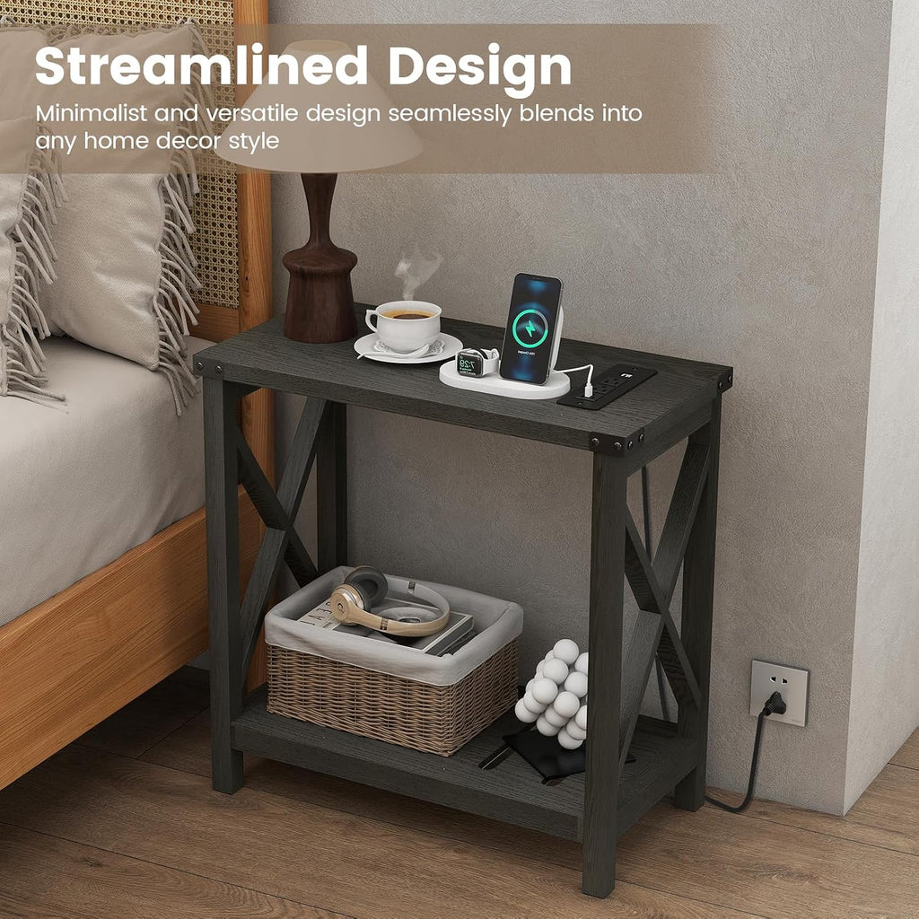 Hadulcet Farmhouse End Tables Living Room Set of 2 - Narrow Side Table with Charging Station, Slim Nightstand for Small Space, Skinny Bedside Table, Sofa Side Table with Storage Shelf, Black