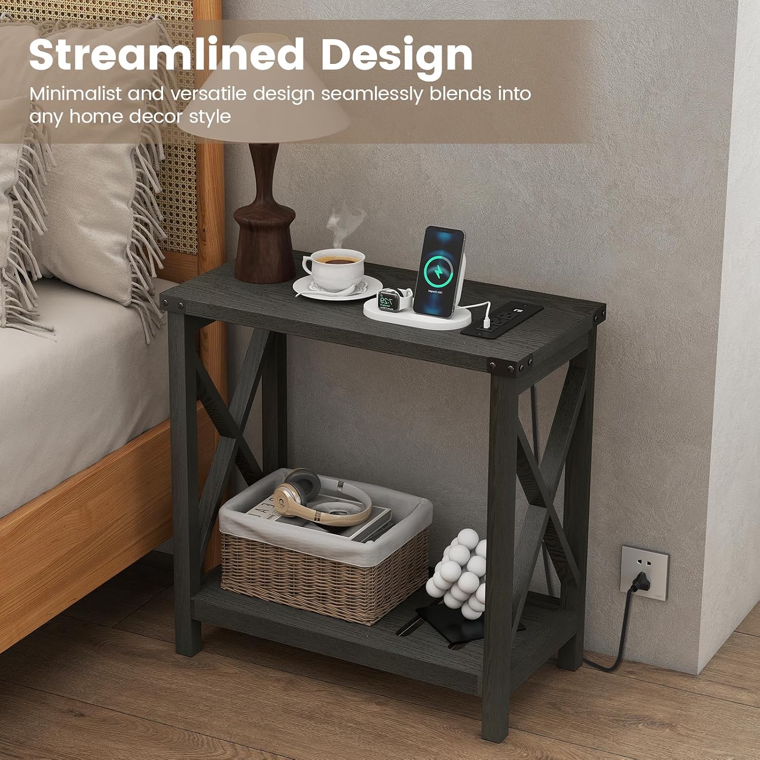 Hadulcet Farmhouse End Tables Living Room Set of 2 - Narrow Side Table with Charging Station, Slim Nightstand for Small Space, Skinny Bedside Table, Sofa Side Table with Storage Shelf, Black