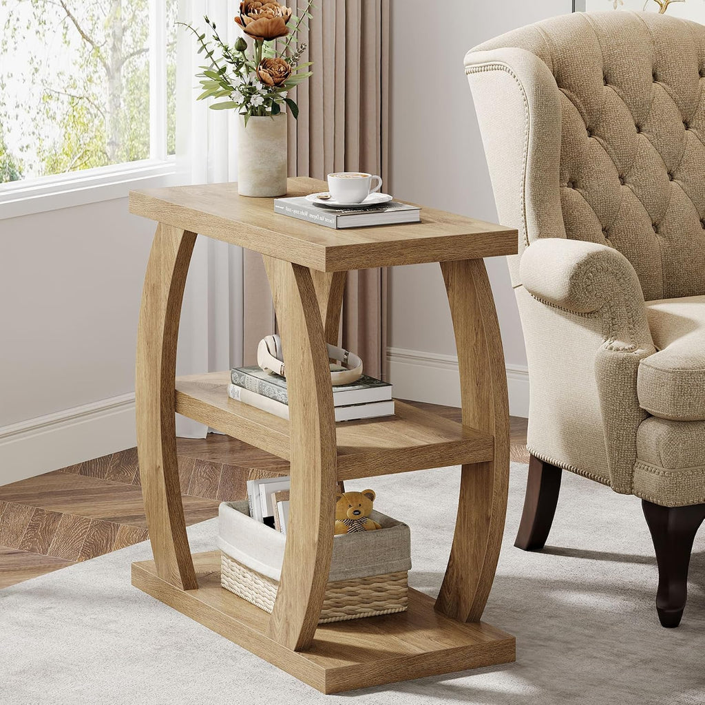 Tribesigns End Table for Living Room Set of 2, 3-Tier Narrow Side Table with Storage, Farmhouse Wooden Beside Table with Geometric Frame, Tall Nightstand for Bedroom, Small Spaces, Natural Oak