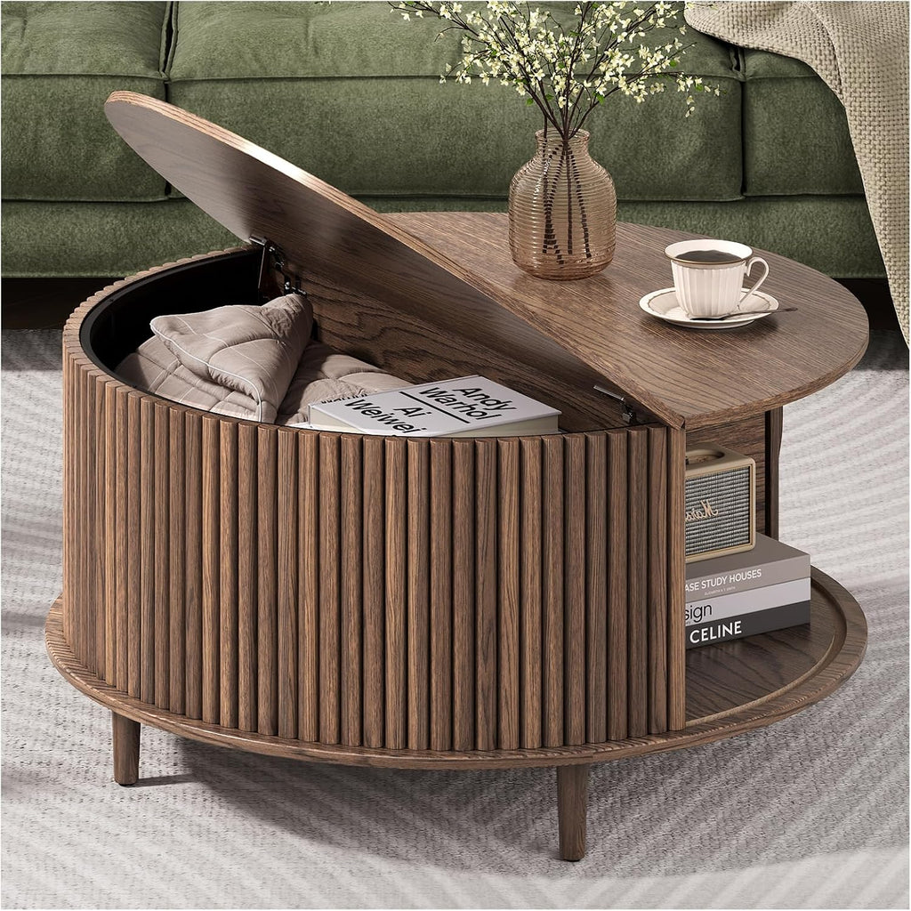 Round Coffee Table with Storage, 31.5' Mid Century Modern Coffee Table with Sliding Door & Solid Wood Legs, Minimalist Fluted Center Table for Living Room, Home Small Space, Walnut
