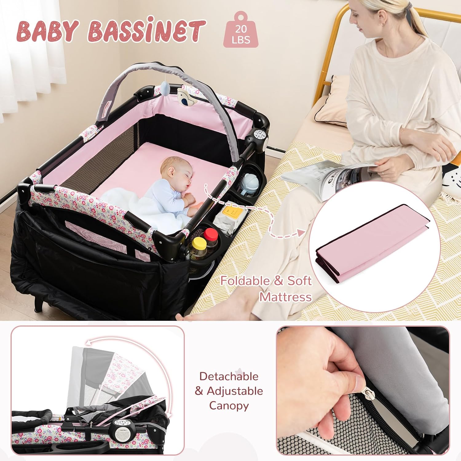 HONEY JOY Pack and Play, 4 in 1 Portable Baby Crib Playpen w/Bassinet, Changing Table, Canopy, Mattress, Music Box, Storage Bag, Foldable Pack and Play for Infant Boys Girls