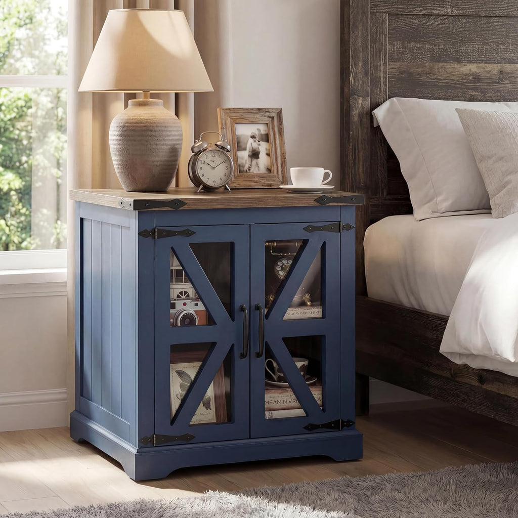 Farmhouse End Table, 24' Large End Tables with Storage, Rustic Square Sofa Beside Table with Glass Barn Door, Wood Side Table Square Nightstand for Living Room, Bedroom, Office (Misty Blue)
