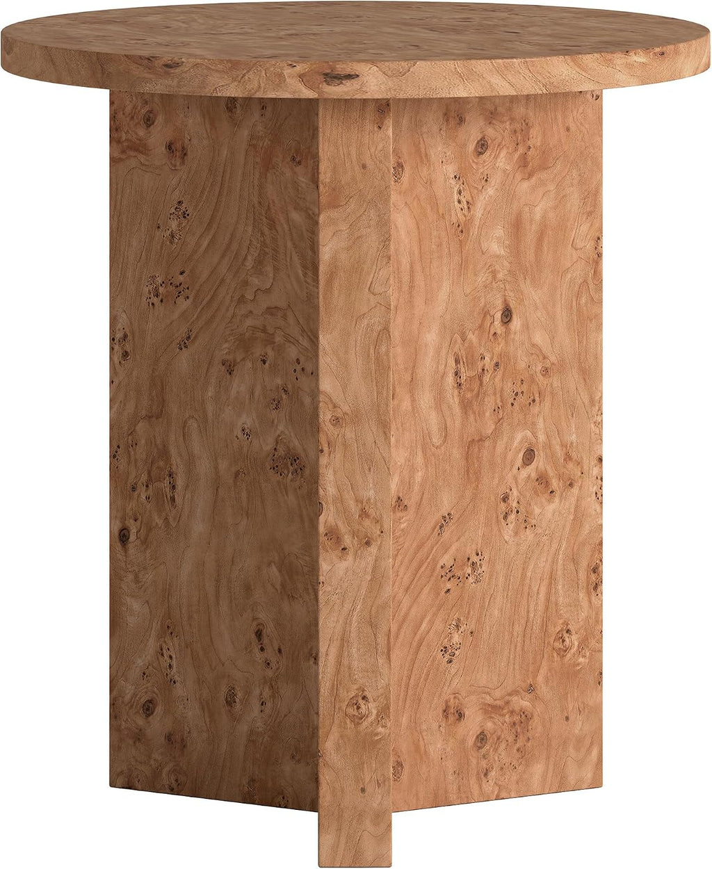 Henn&Hart 20' Scandinavian Round Wooden End Table, Side Table, Nightstand with X-Base for Living Room, Office, Family Room, or Bedroom, Caramel Burl