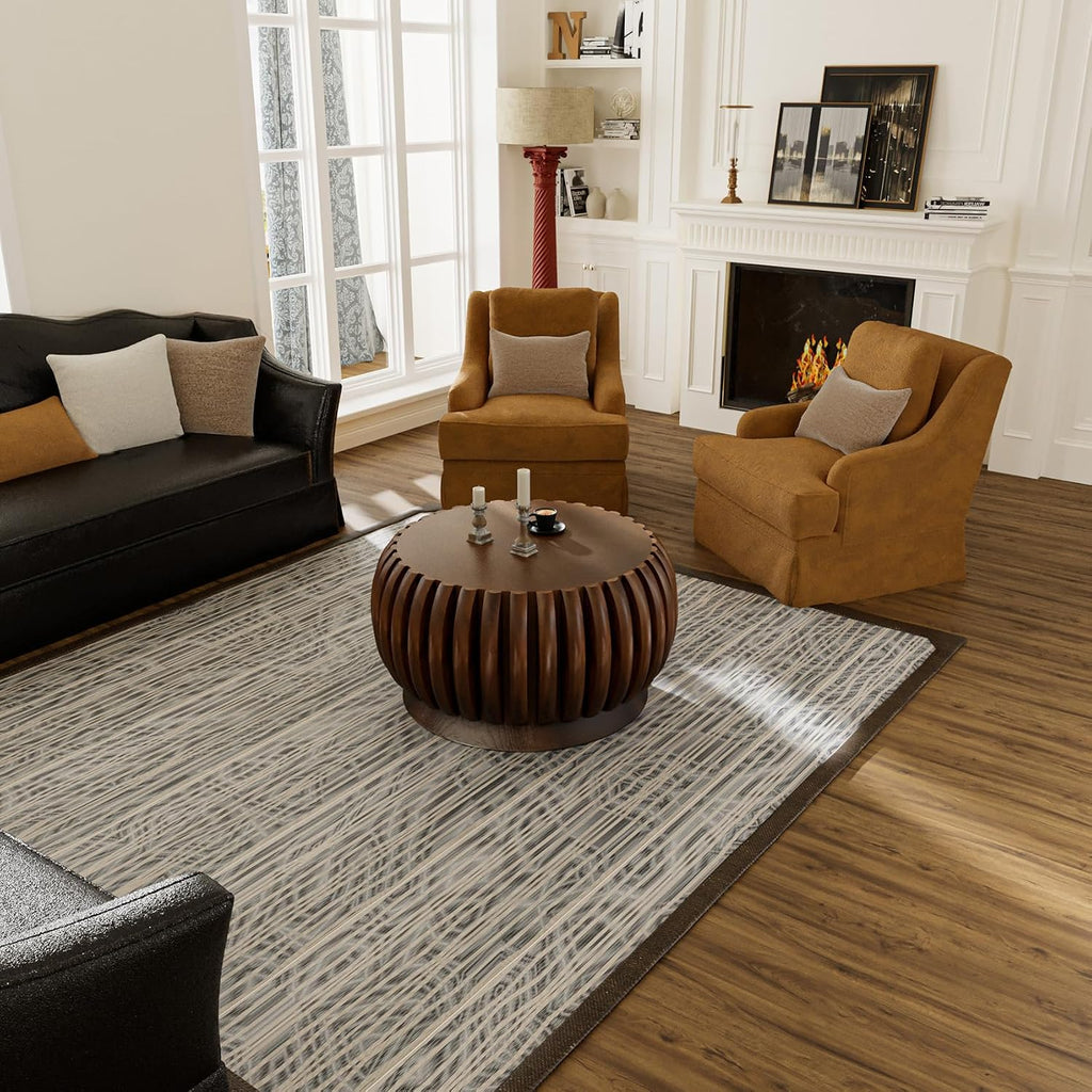 Modern Wood Fluted Round Coffee Table - Handcraft Drum Coffee Tables with Sturdy Base, Contemporary Style Small Circle Coffee Table Tea Table for Living Room,Office - Easy Assembly (Walnut 26.37')