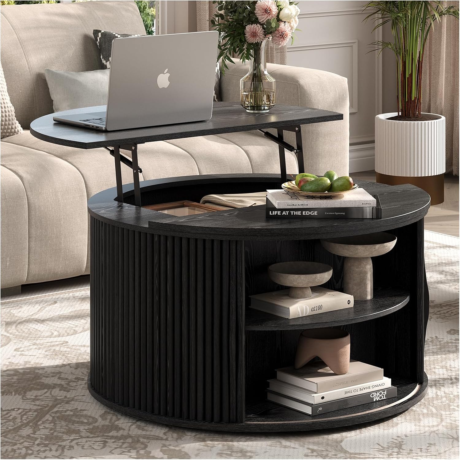 Round Lift Top Coffee Table, 31.5' Mid Century Modern Center Table with Hidden Storage, Fluted Circle Coffee Tables for Living Room, Home Office, Black