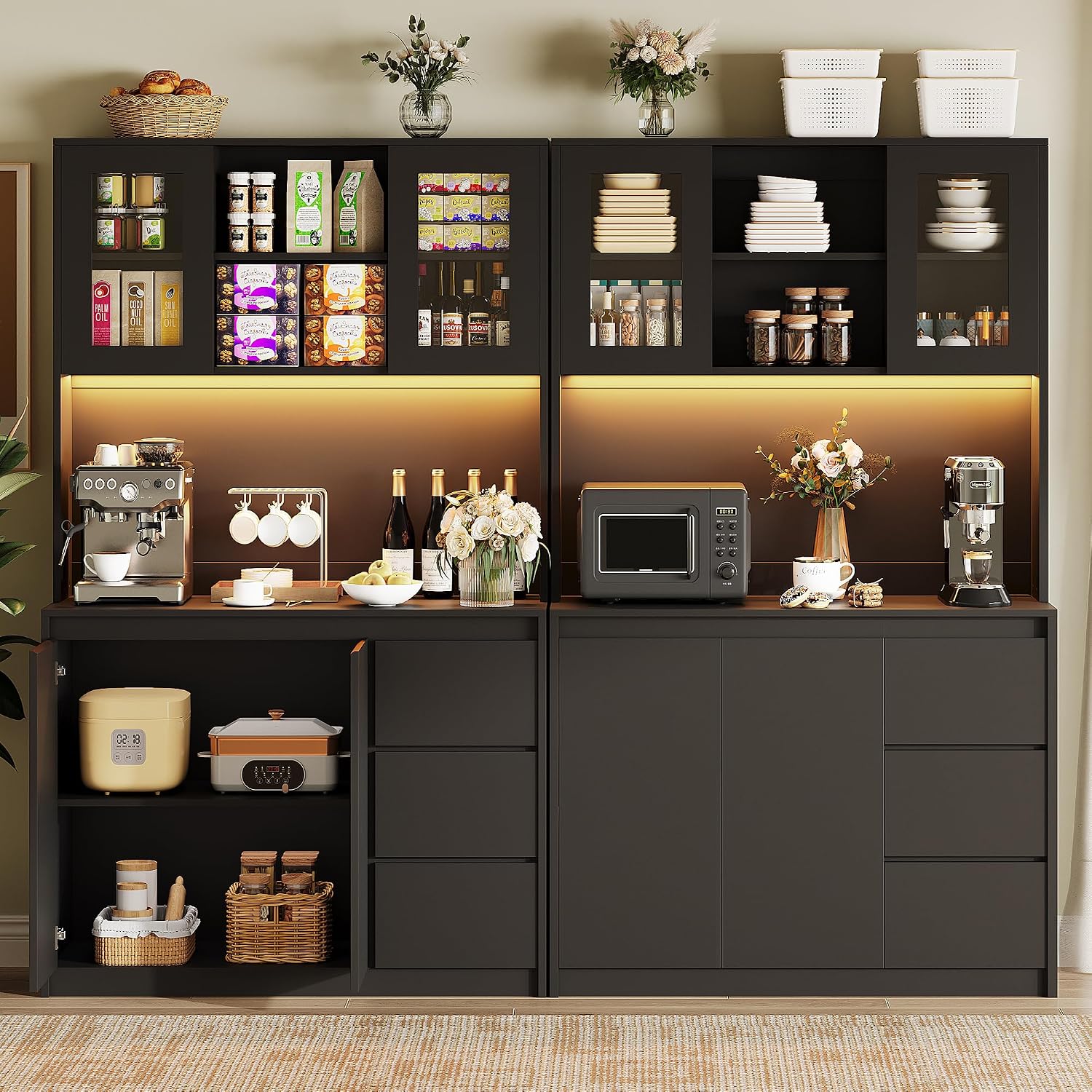 GarveeHome 71' Tall Kitchen Pantry Cabinet, Kitchen Storage Hutch with Led Lights and Power Outlets, Microwave Stand, Glass Door, Adjustable Shelves, Handless Design, Cream White