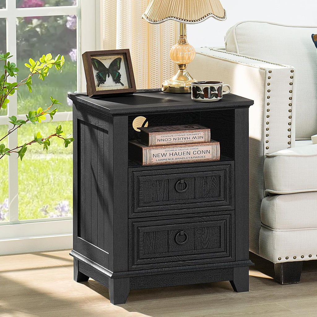 Joaxswe 18' Farmhouse Night Stand with Charging Station, 2 Drawers End Table Dresser for Bedroom, Black Wooden Nightstand, Bed Side Table with Open Shelf, Bedside Cabinet for Living Room, Closet