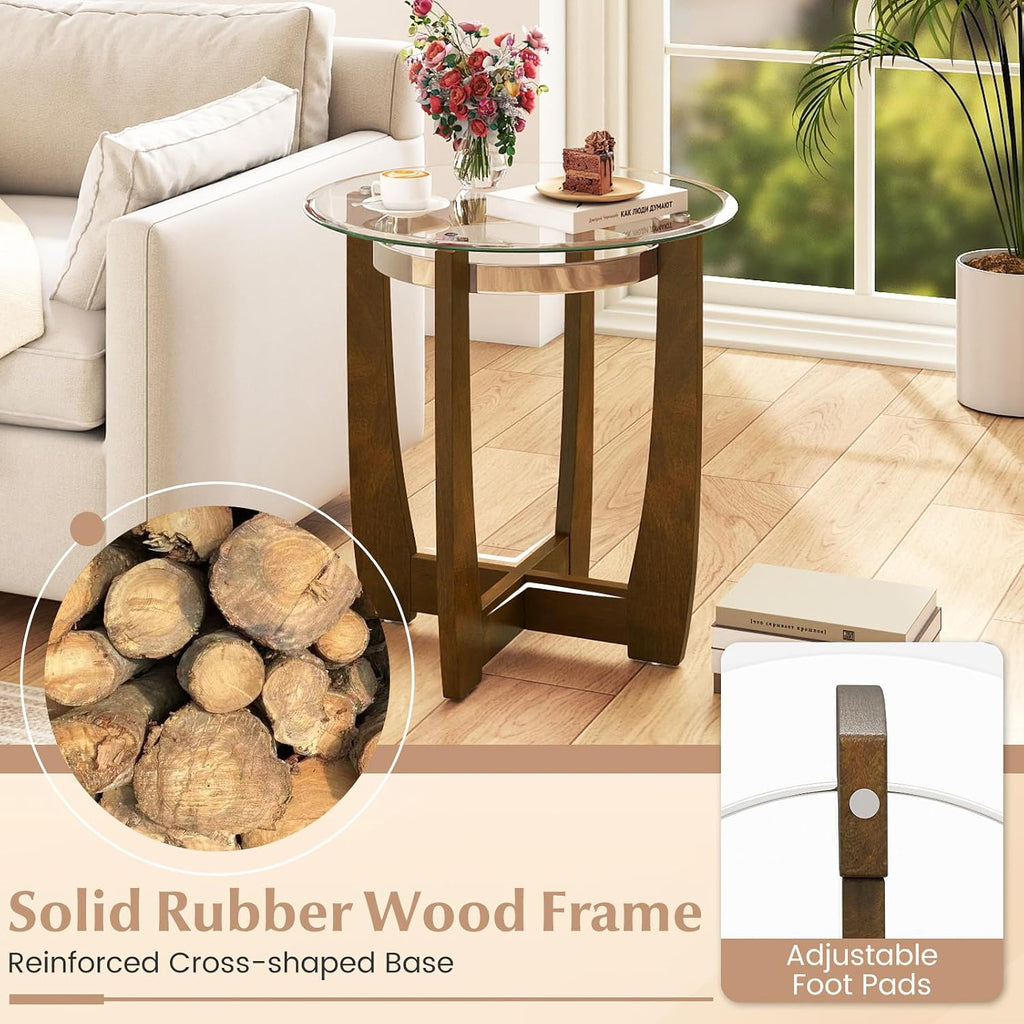 Giantex Round Glass End Table Set of 2, 24'' Side Table with Tempered Glass Top, Nightstands with Cross & Solid Rubber Wood Base, Compact Bedside Night Stand for Bedroom Office Living Room (2, Walnut)