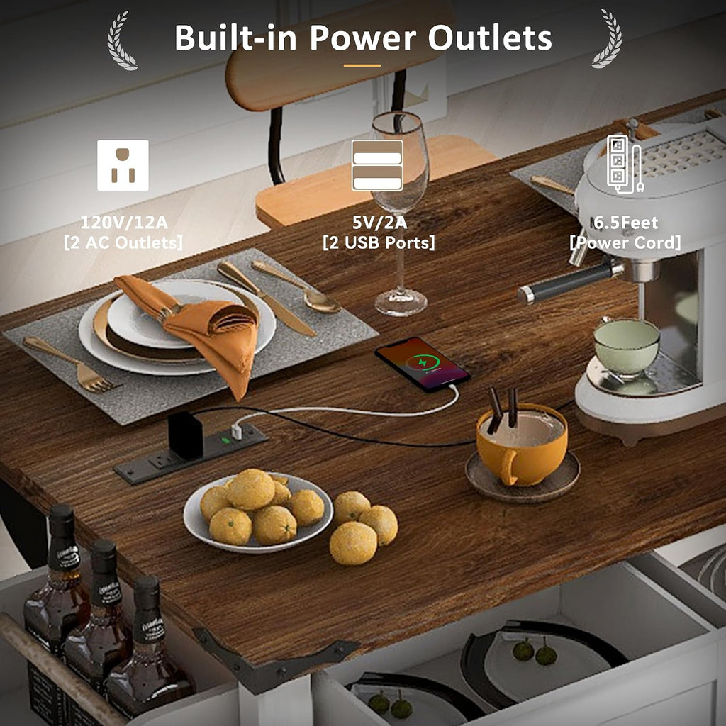53.7' Farmhouse Kitchen Island With Power Outlet and Sliding Barn Doors, Rustic Storage Island With Drop Leaf, Rolling Cart With Drawers and Spice Rack for Dining Room